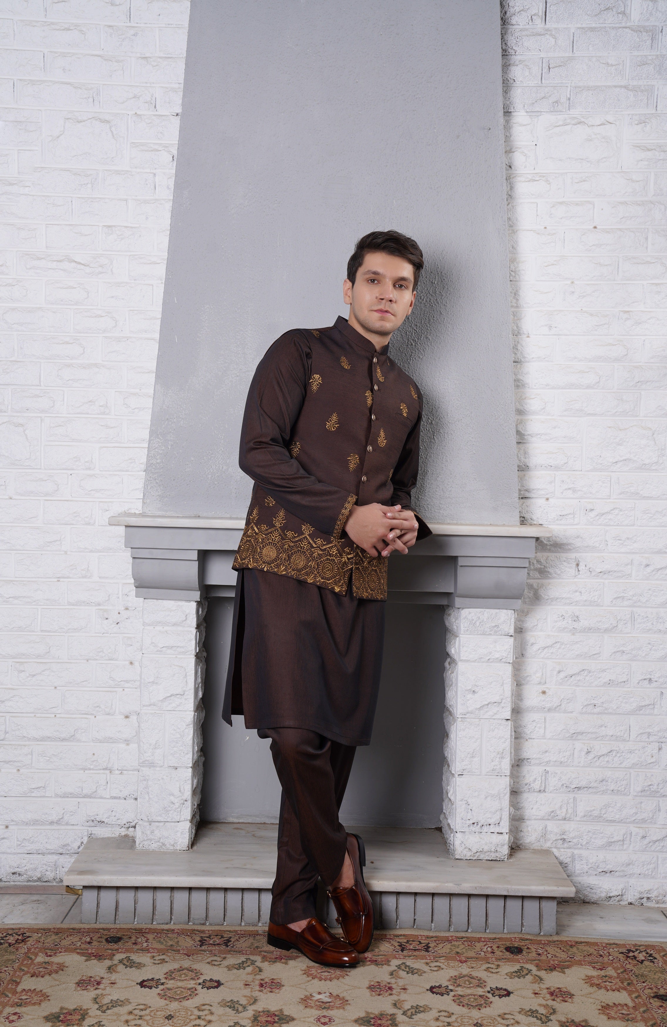 Deep Brown Embroidered Silk-Blend Kurta Trouser (2-Piece) - Image 3