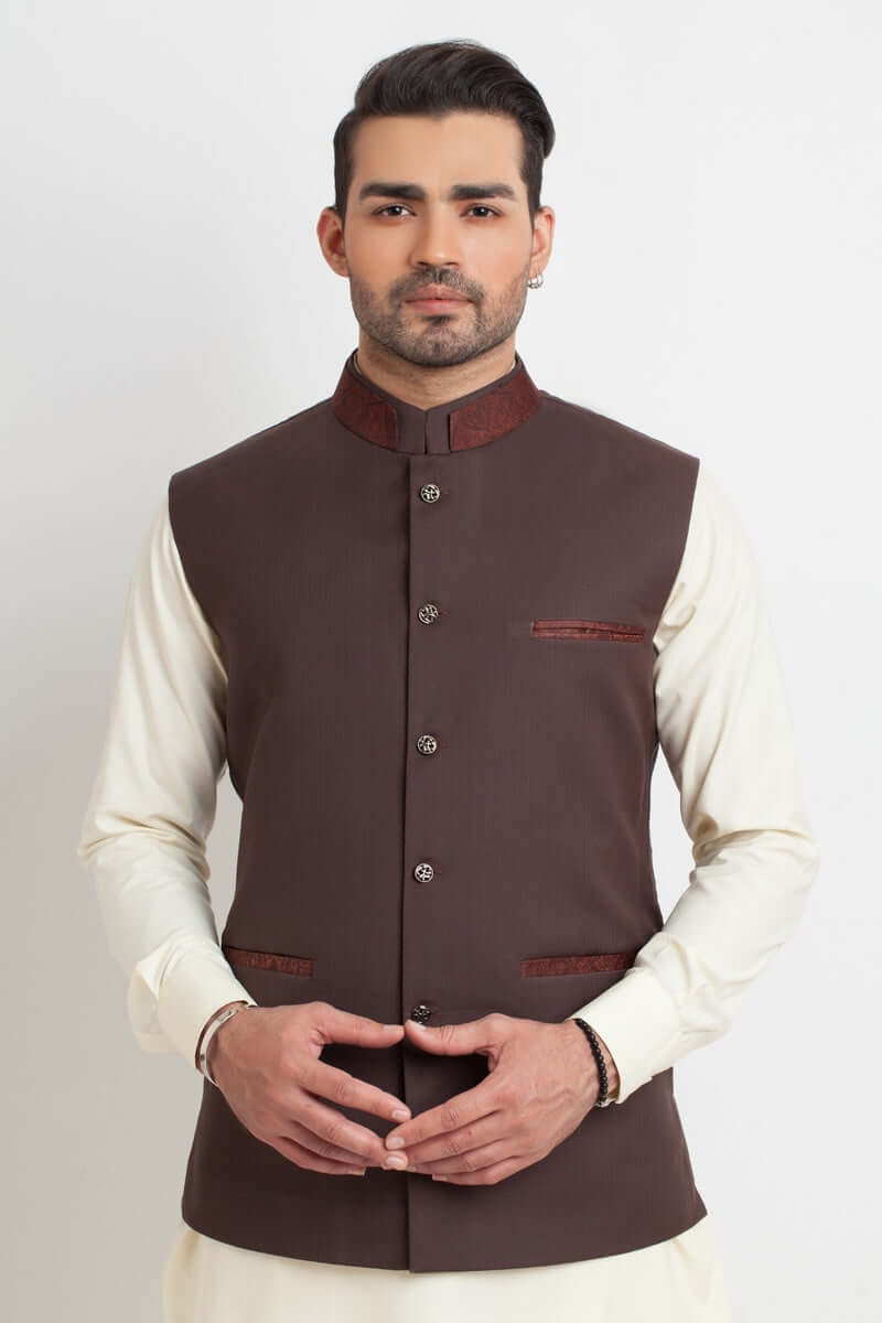 Chocolate Brown Textured Silk Waistcoat (3-Piece) - Image 1
