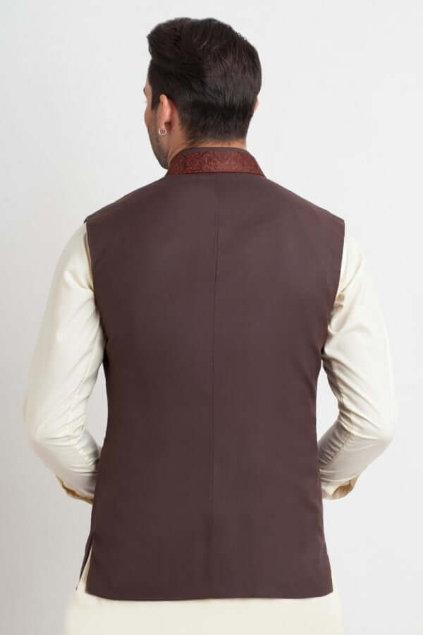 Chocolate Brown Textured Silk Waistcoat (3-Piece) - Image 2