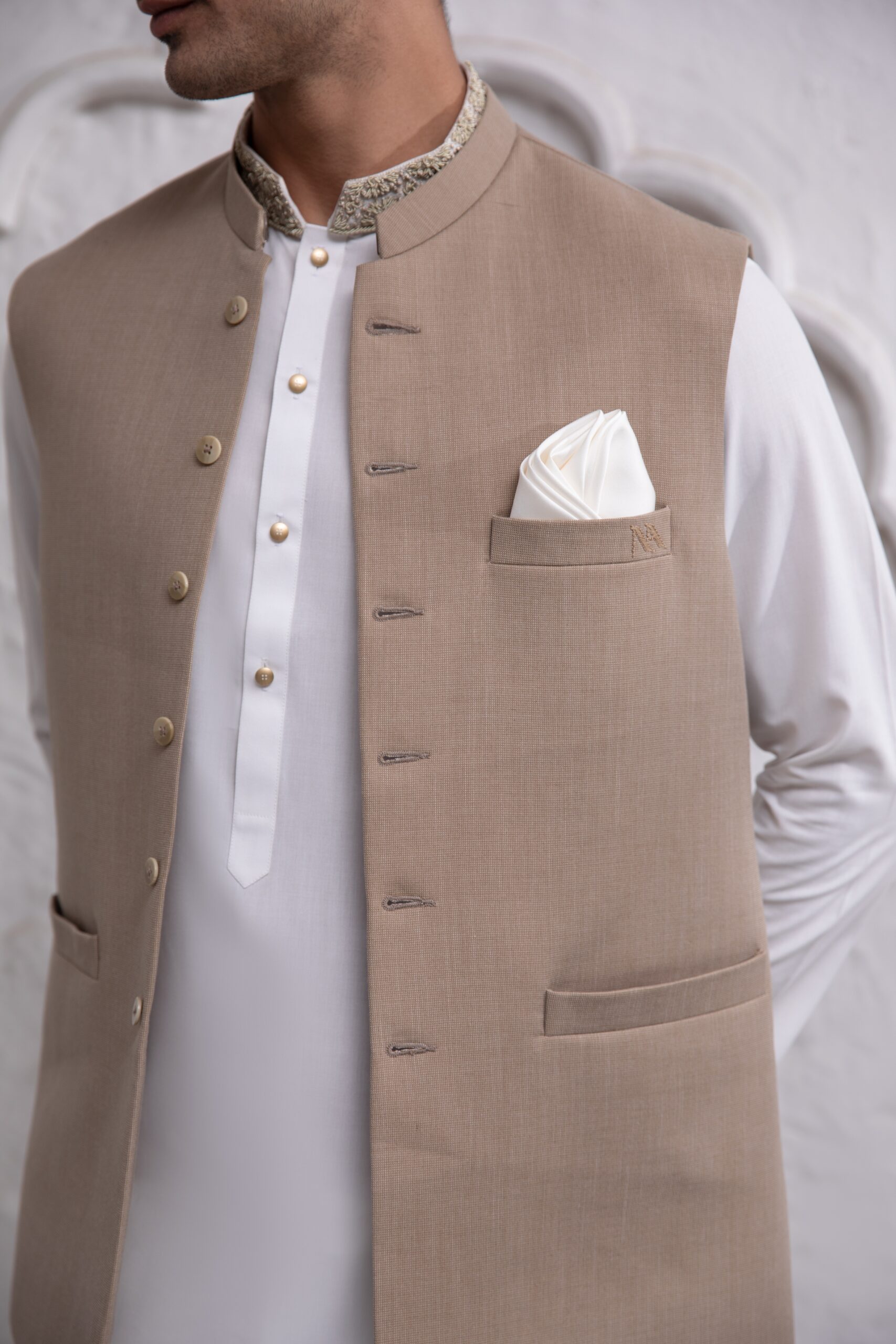 Light Brown Tonal-Stitched Suiting Blend Waistcoat (3-Piece) - Image 1