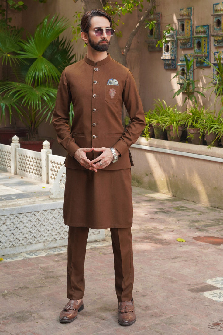 Sand Brown Embroidered Suiting Waistcoat Kurta (3-Piece) - Image 1