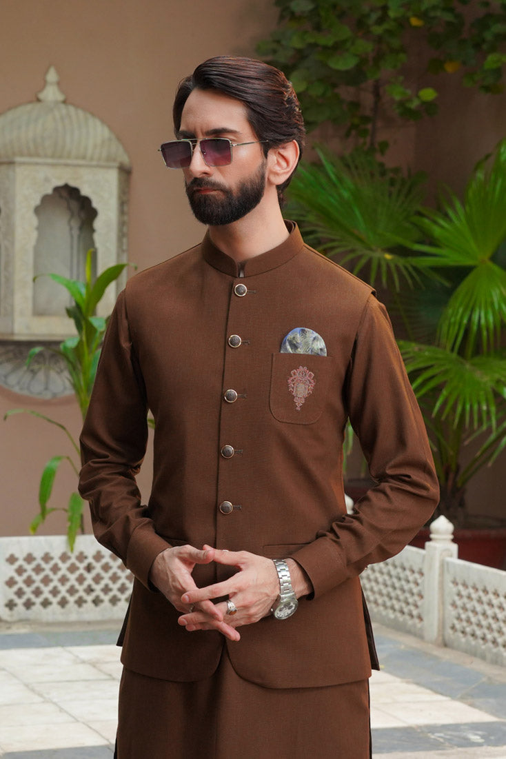 Sand Brown Embroidered Suiting Waistcoat Kurta (3-Piece) - Image 2