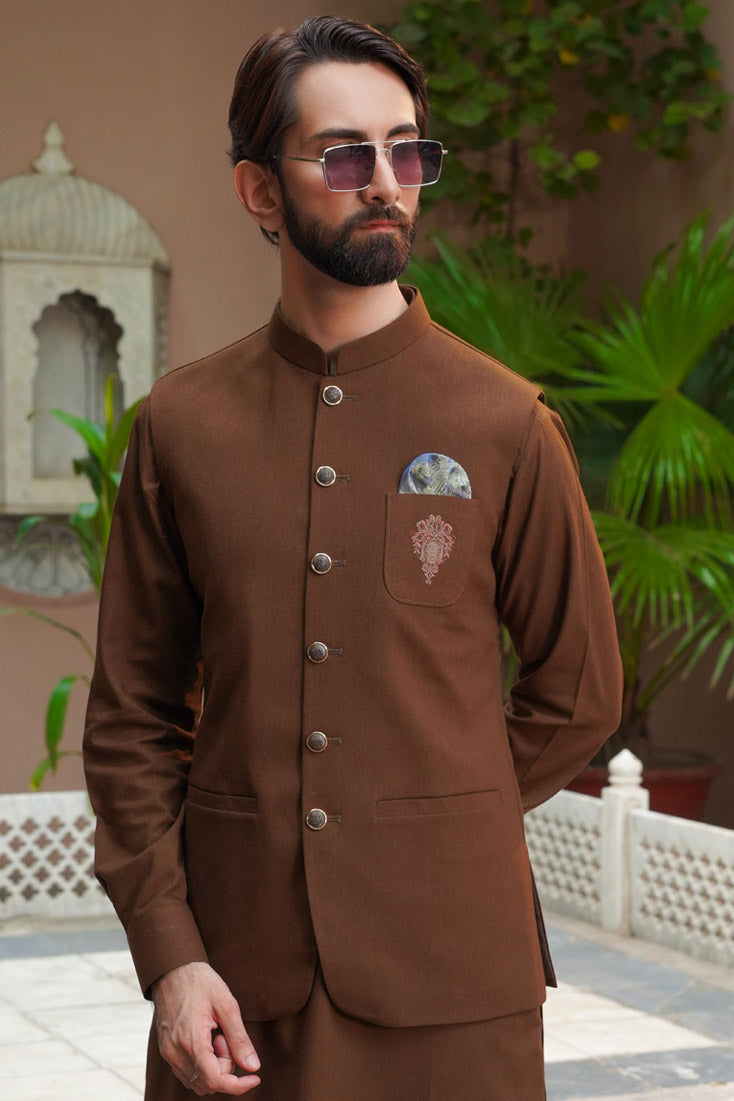 Sand Brown Embroidered Suiting Waistcoat Kurta (3-Piece) - Image 3