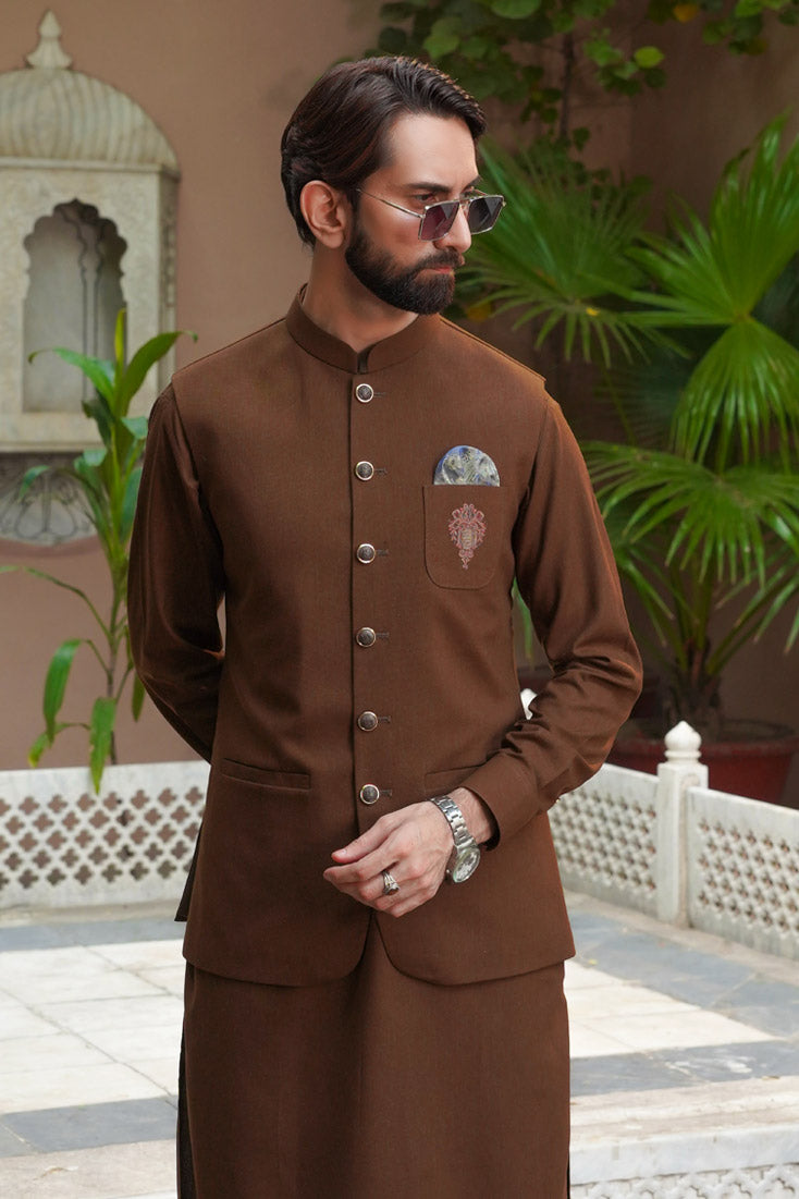 Sand Brown Embroidered Suiting Waistcoat Kurta (3-Piece) - Image 5