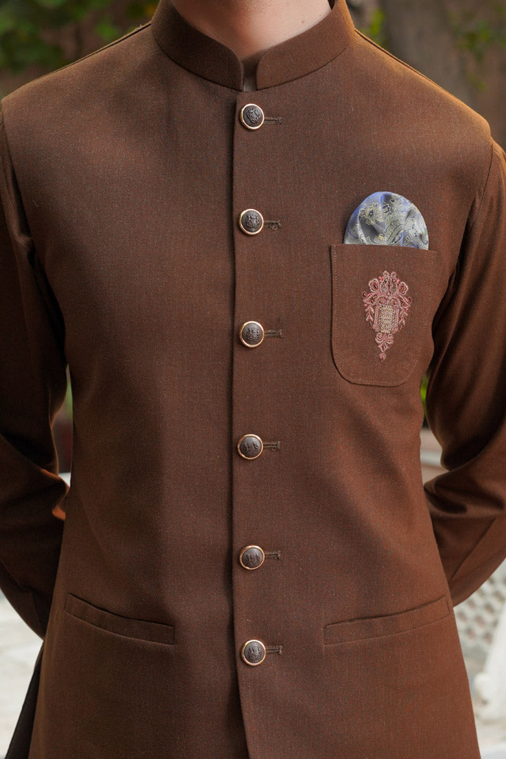 Sand Brown Embroidered Suiting Waistcoat Kurta (3-Piece) - Image 6