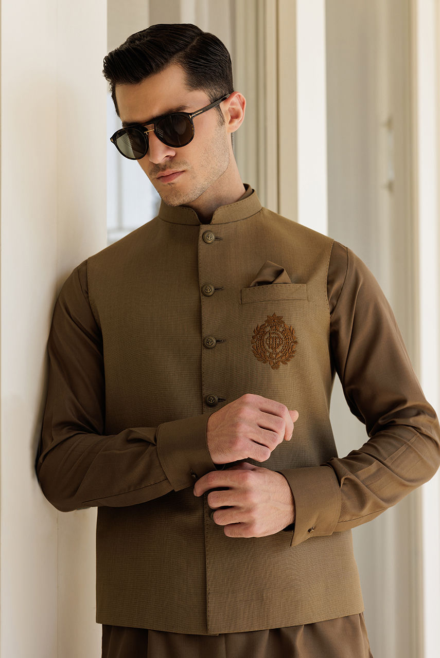 Brown Thread Embroidered Suiting Waistcoat (1-Pc) - Image 3