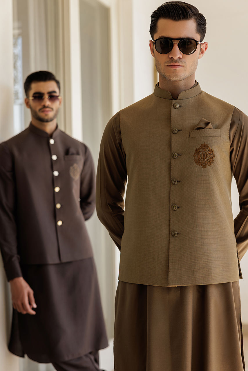 Brown Thread Embroidered Suiting Waistcoat (1-Pc) - Image 6