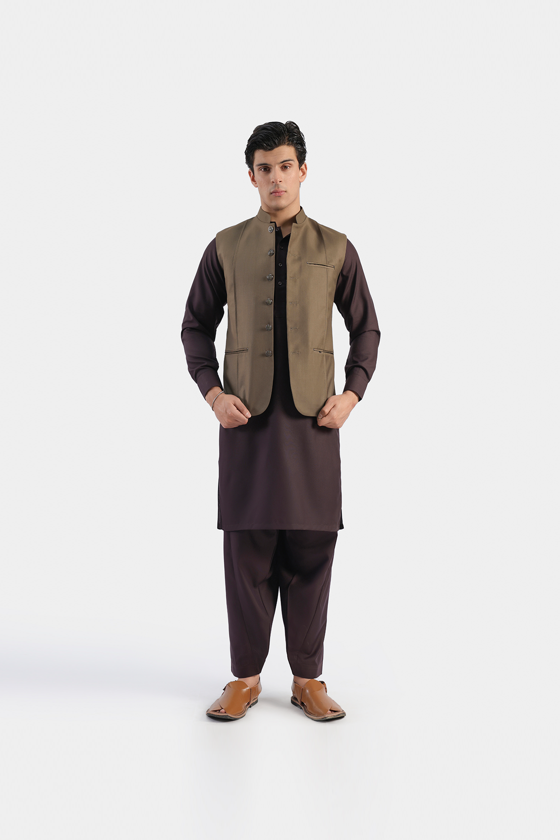 Brown Suiting Waistcoat Kurta Set (3-Piece) - Image 1