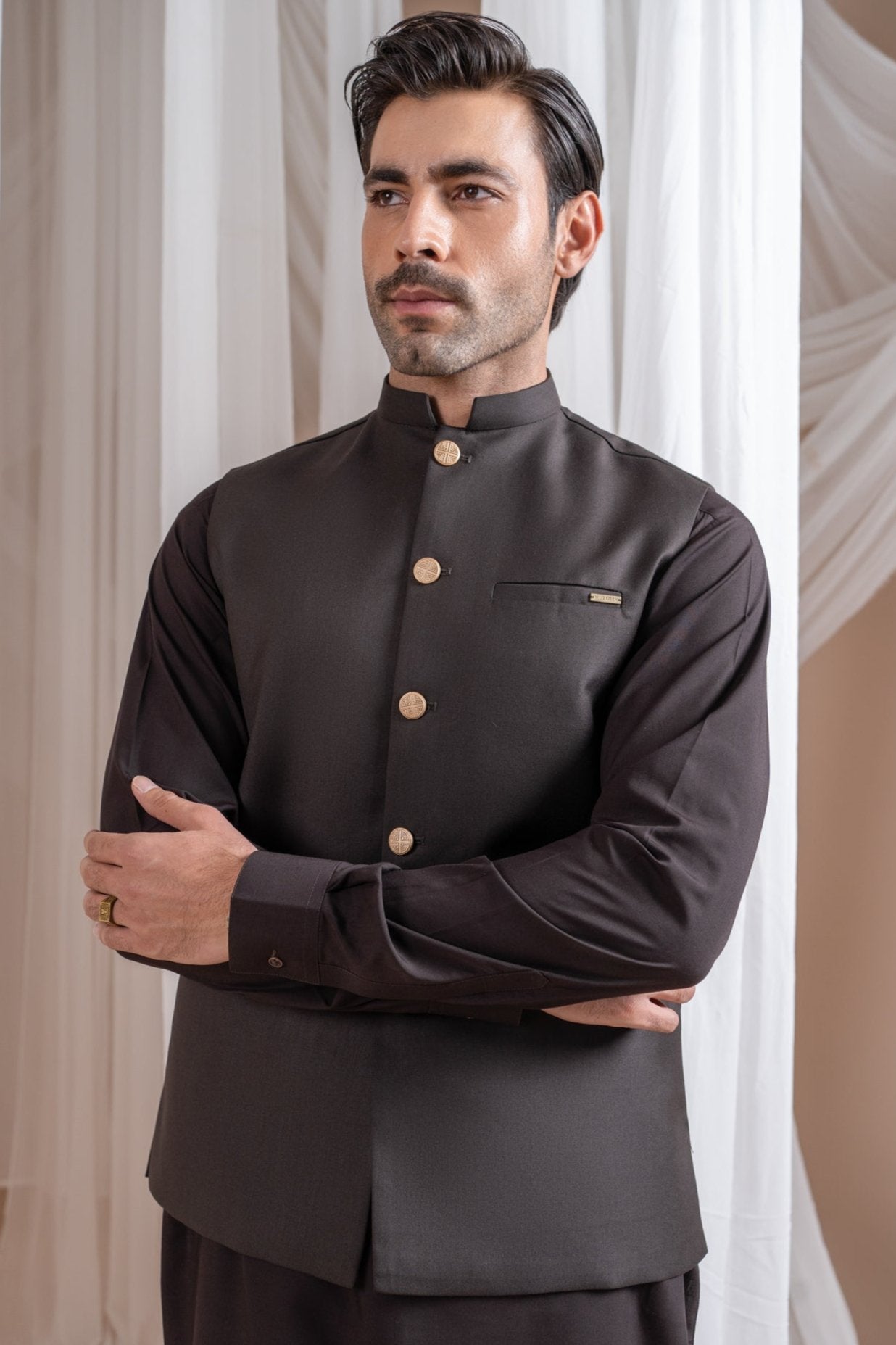Dark Brown Suiting Waistcoat Kurta Set (3-Piece) - Image 1