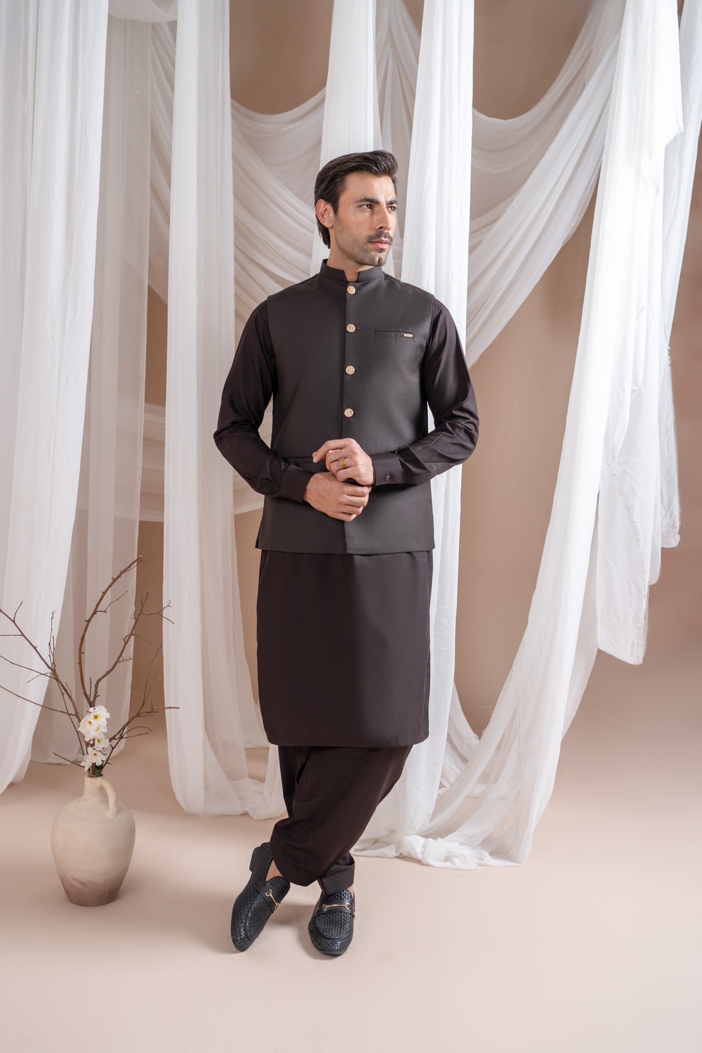 Dark Brown Suiting Waistcoat Kurta Set (3-Piece) - Image 2