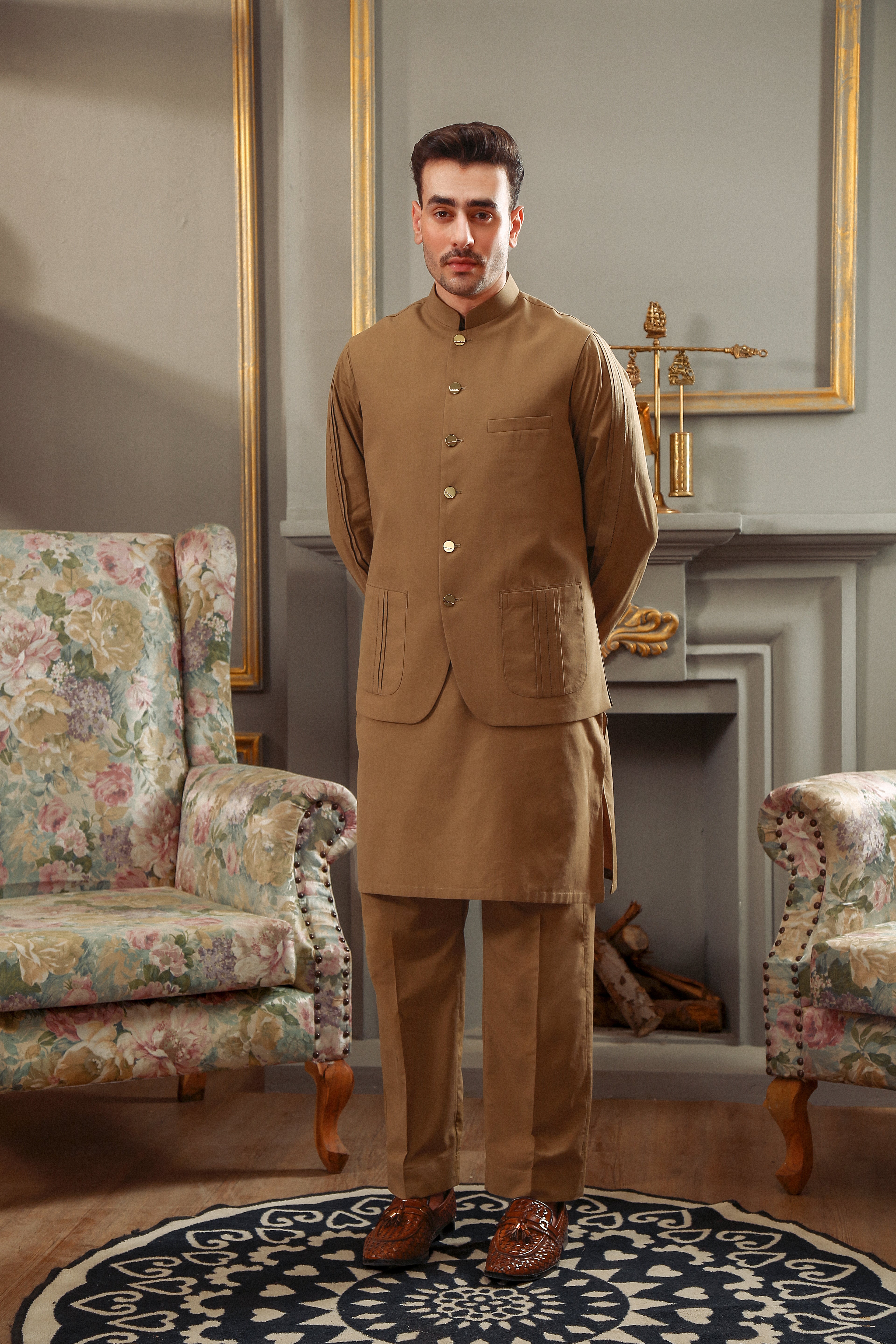 Light Brown Suiting Waistcoat Kurta Set (3-Piece) - Image 1