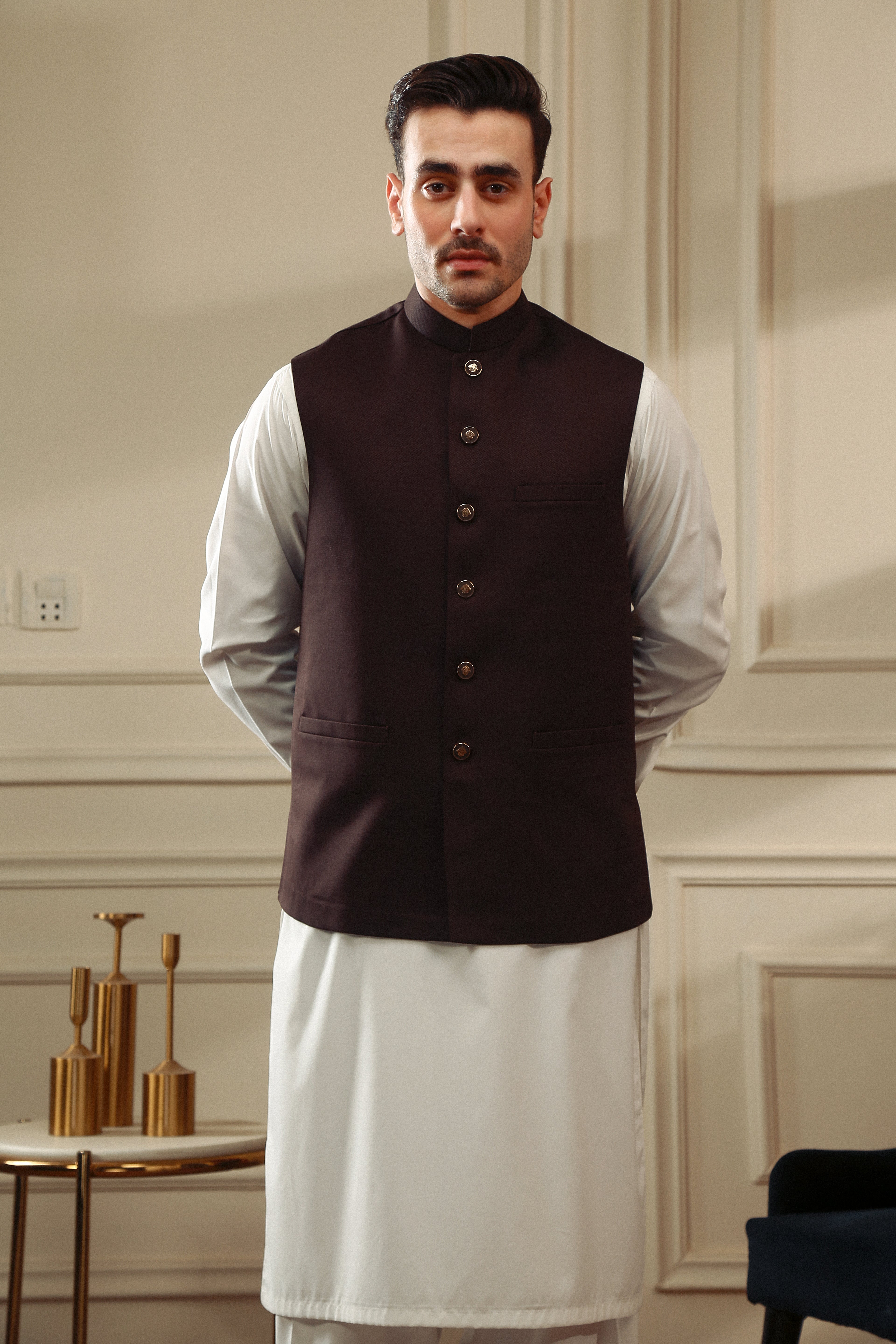 Brown Suiting Waistcoat with Metal Button Detailing (2-Piece) - Image 1