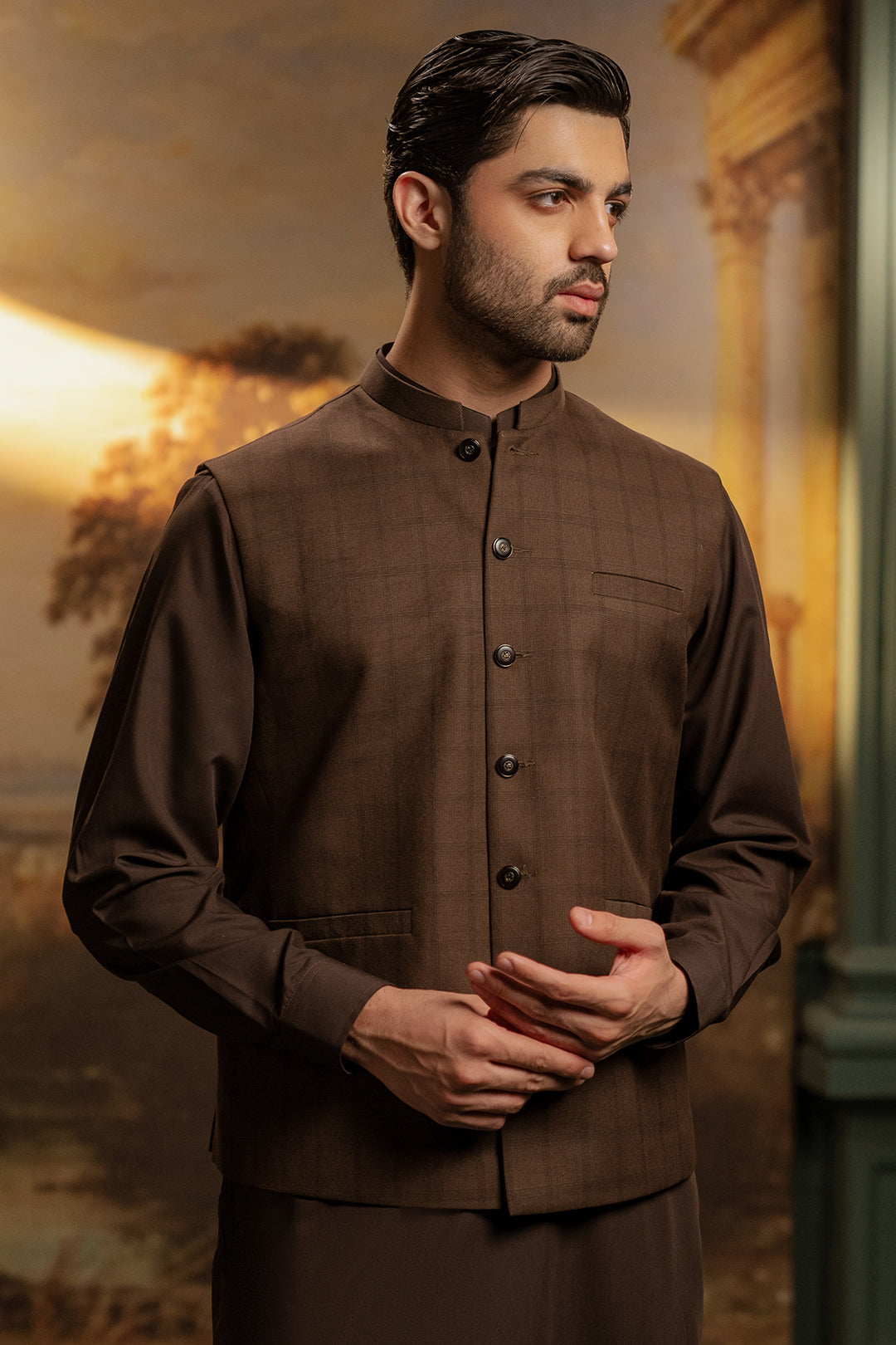 Rich Brown Yarn-Dyed Waistcoat Kurta (3-Piece) - Image 1