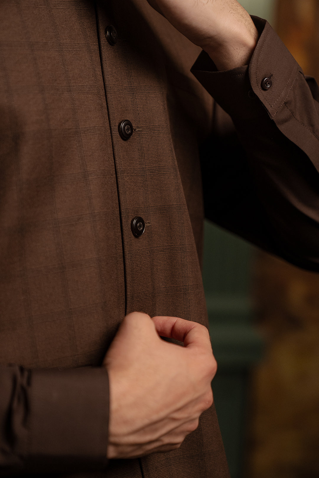 Rich Brown Yarn-Dyed Waistcoat Kurta (3-Piece) - Image 2