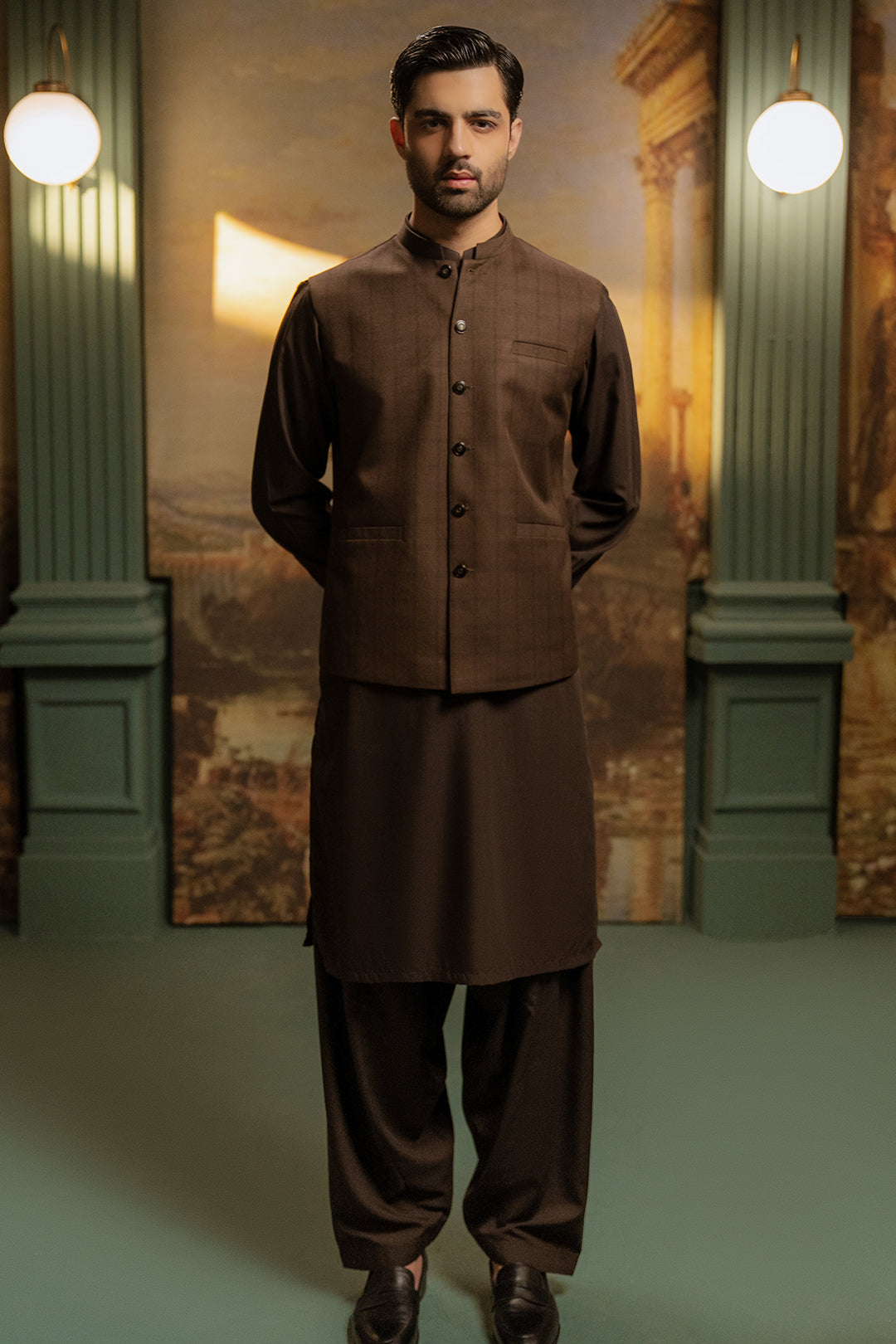 Rich Brown Yarn-Dyed Waistcoat Kurta (3-Piece) - Image 3