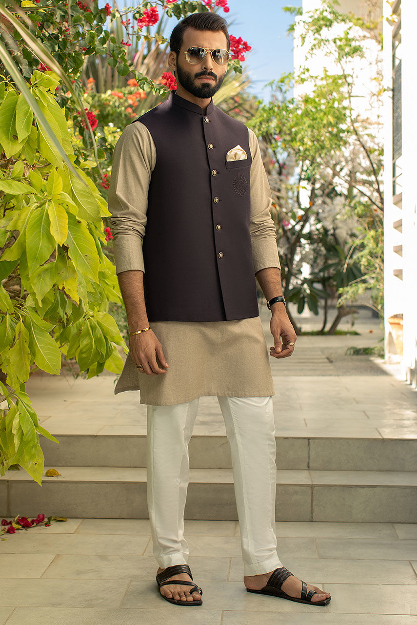 Dark Brown Embroidered Suiting Waistcoat (1-Pc) - Image 1