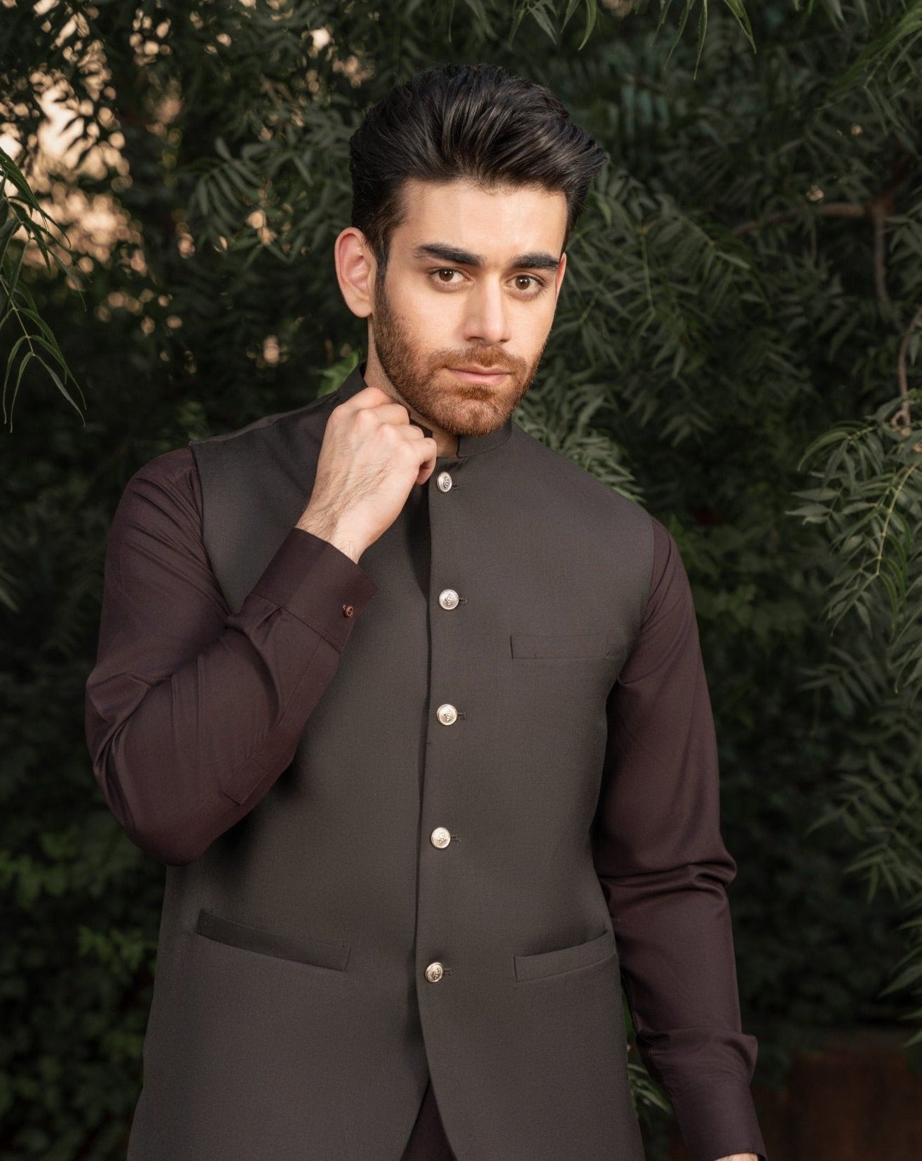 Dark Brown Suiting Waistcoat with Mandarin Collar (1-Pc) - Image 1