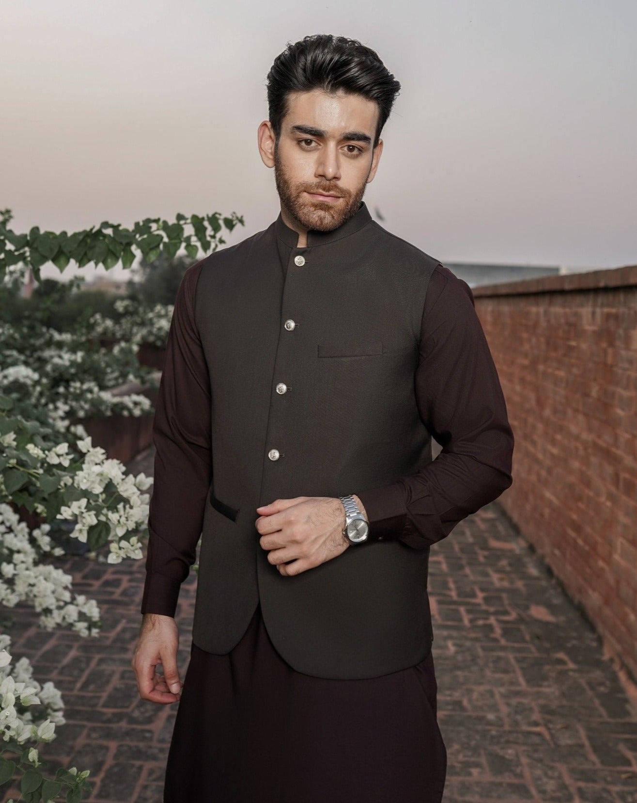 Dark Brown Suiting Waistcoat with Mandarin Collar (1-Pc) - Image 2