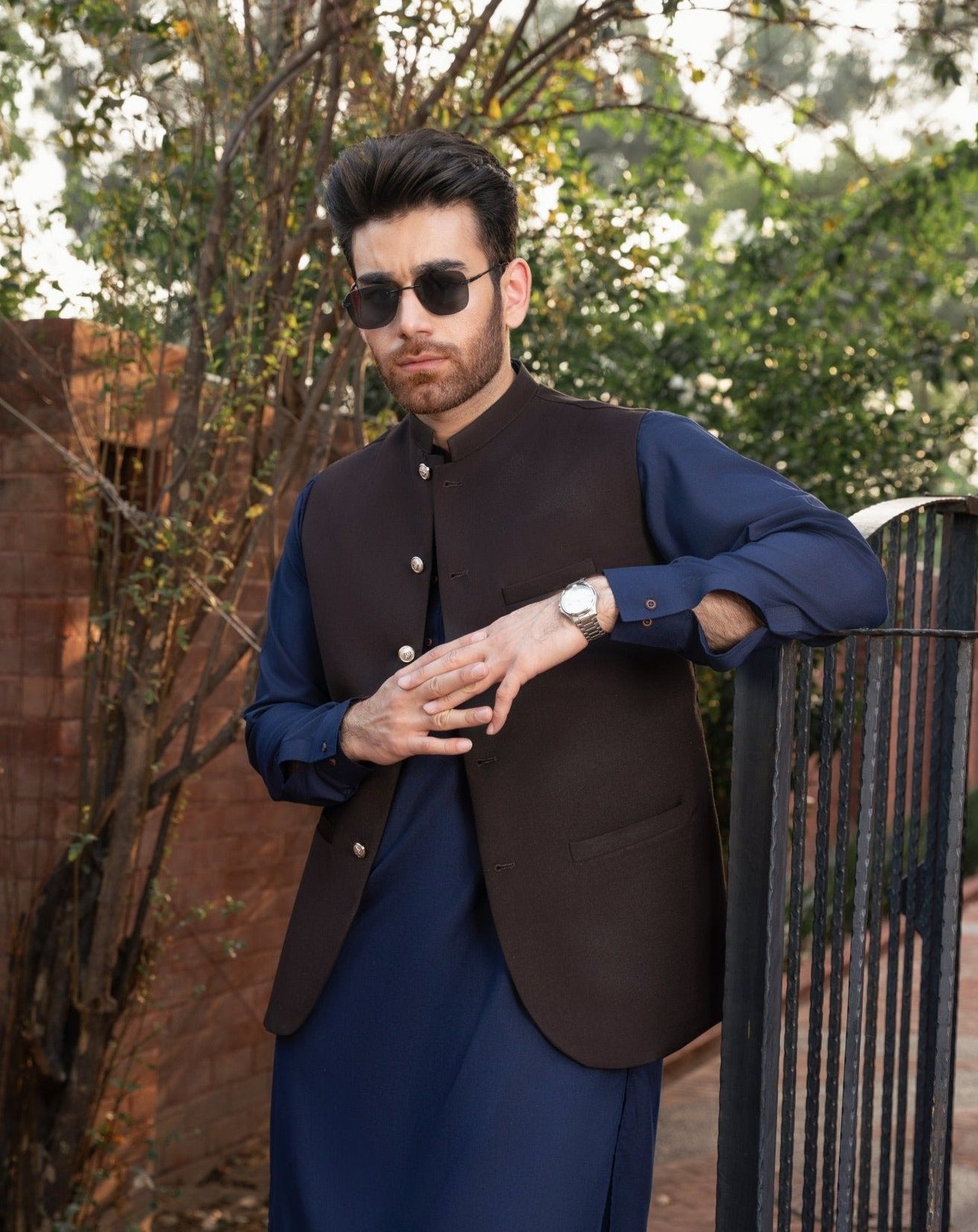 Dark Brown Suiting Waistcoat with Mandarin Collar (1-Pc) - Image 4