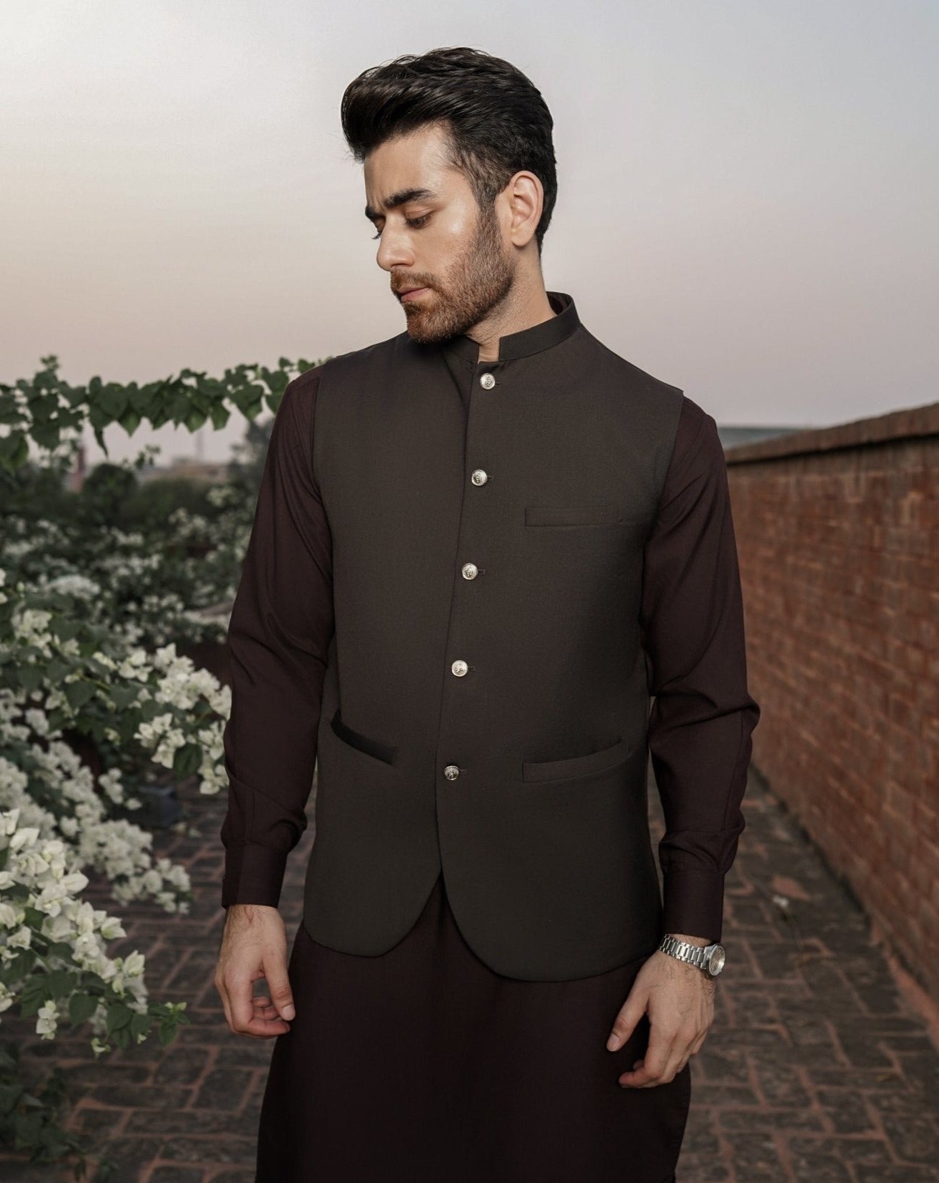 Dark Brown Suiting Waistcoat with Mandarin Collar (1-Pc) - Image 5