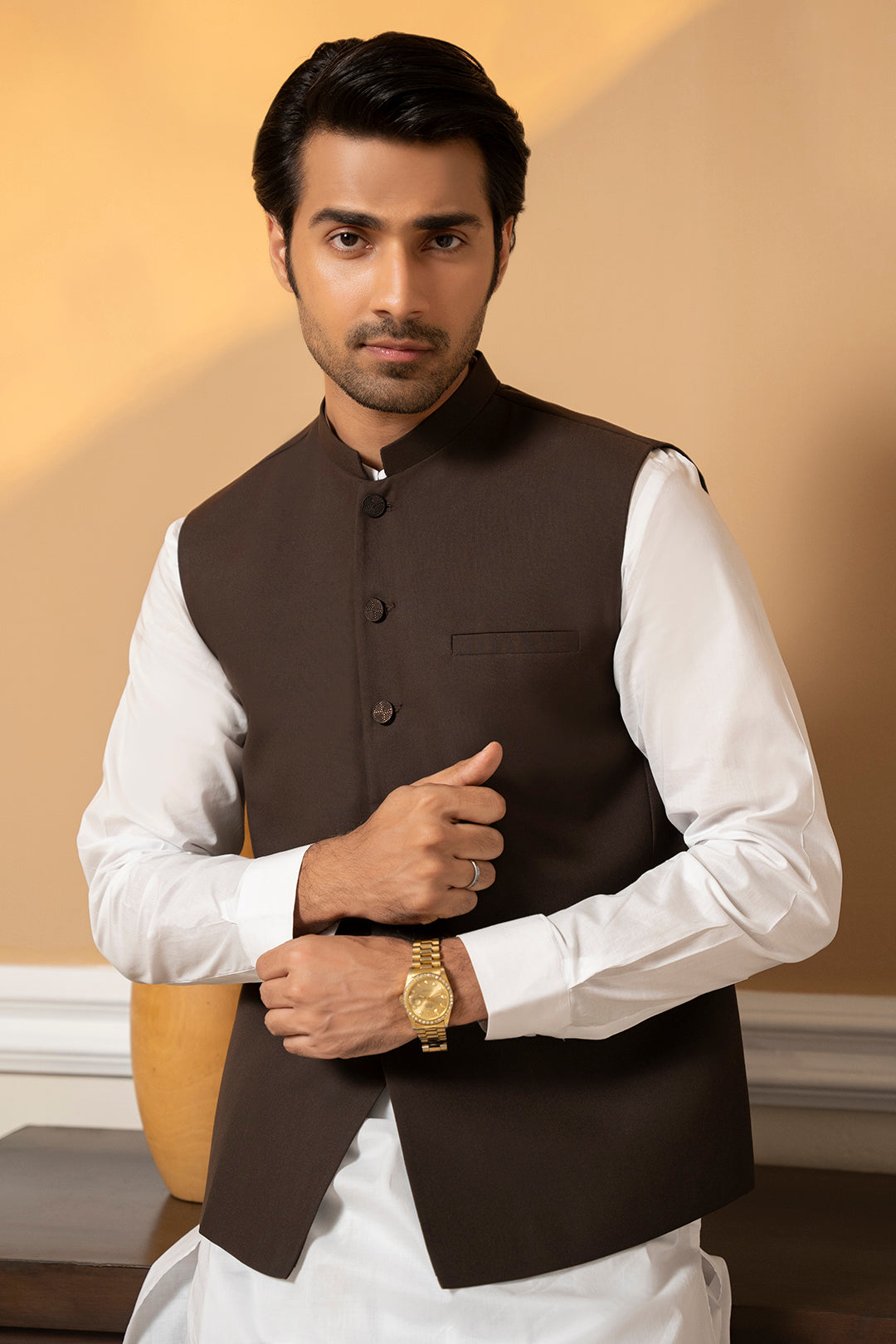 Dark Brown Suiting Fabric Men's Waistcoat (2-Piece) - Image 1