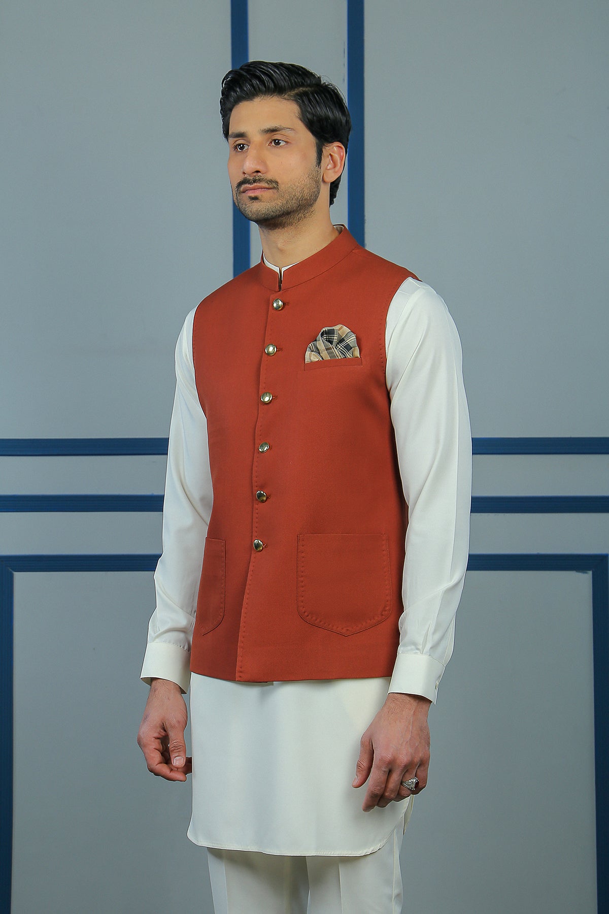 Rust Tropical Fabric Waistcoat with Brass Buttons (2-Piece) - Image 2