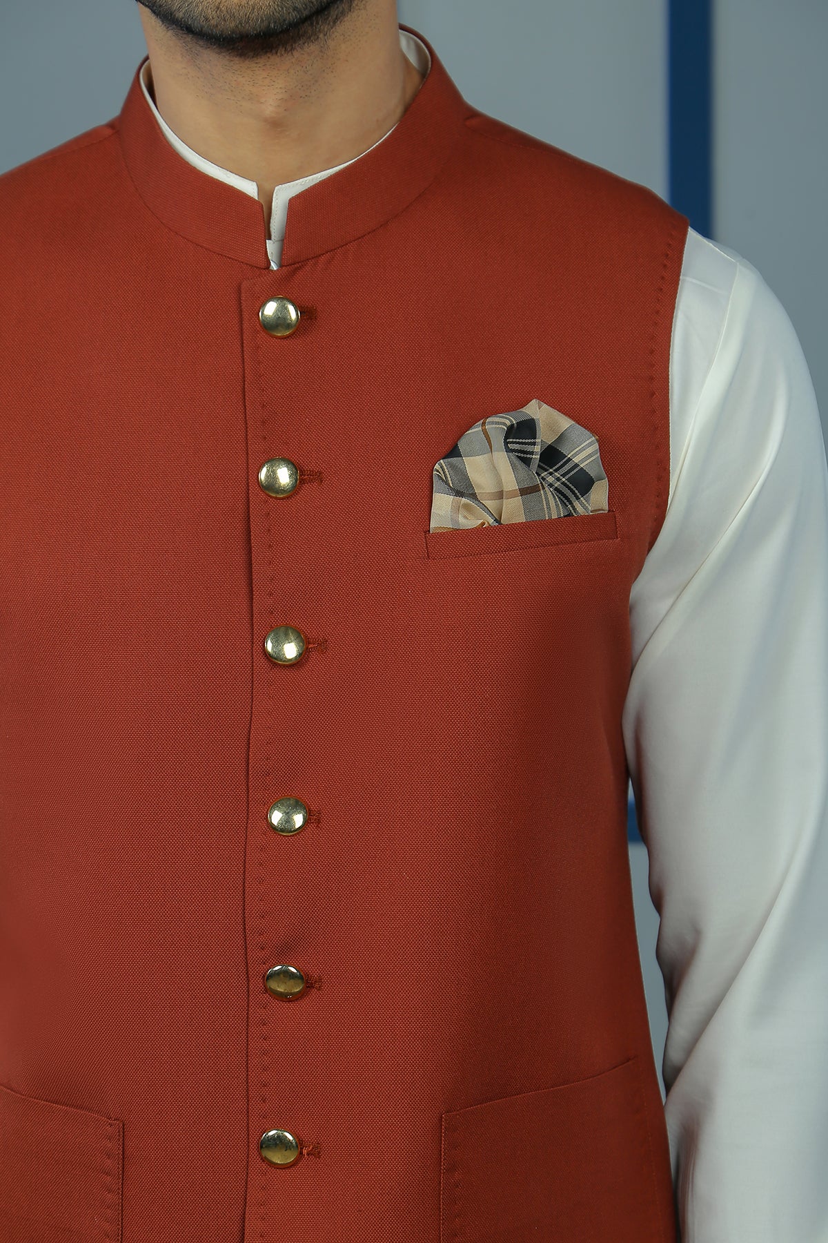 Rust Tropical Fabric Waistcoat with Brass Buttons (2-Piece) - Image 3