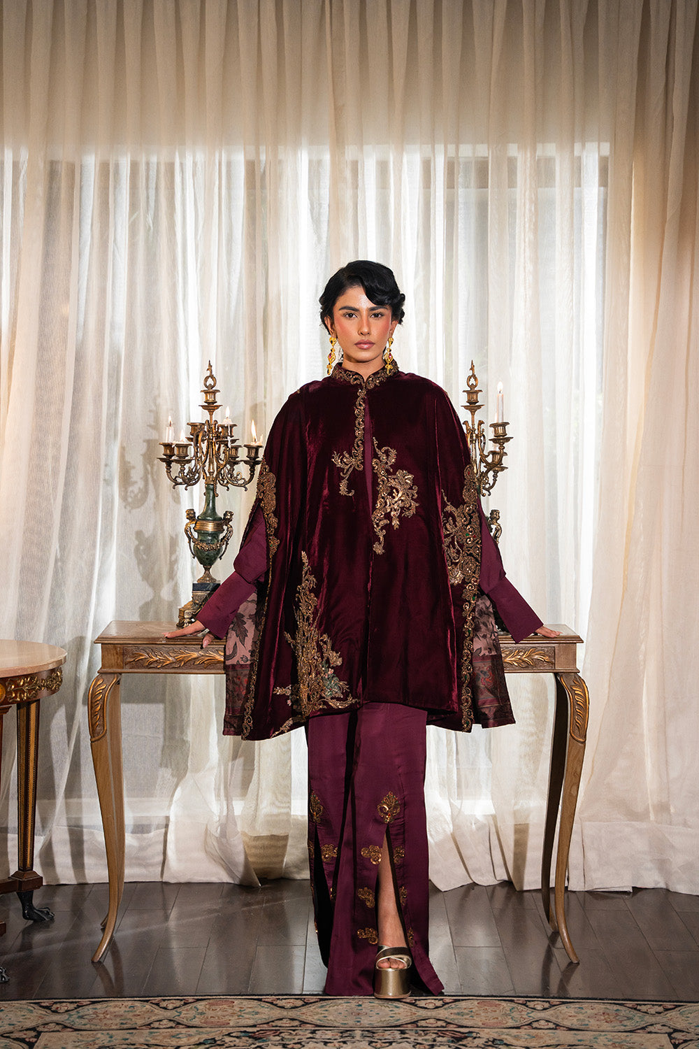 Pakistani Deep Burgundy Embroidered Velvet Cape Jacket (3-Piece) - Image 1