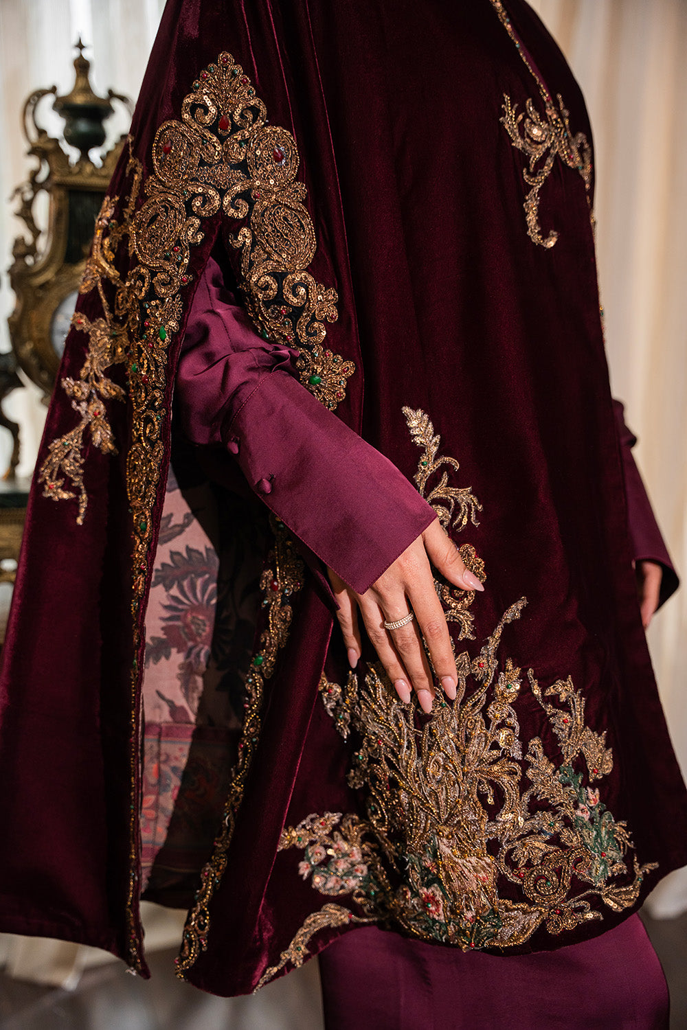 Pakistani Deep Burgundy Embroidered Velvet Cape Jacket (3-Piece) - Image 10