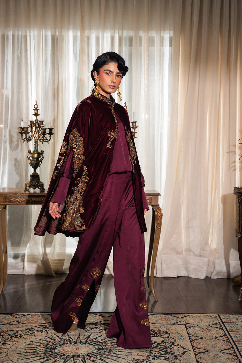 Pakistani Deep Burgundy Embroidered Velvet Cape Jacket (3-Piece) - Image 2