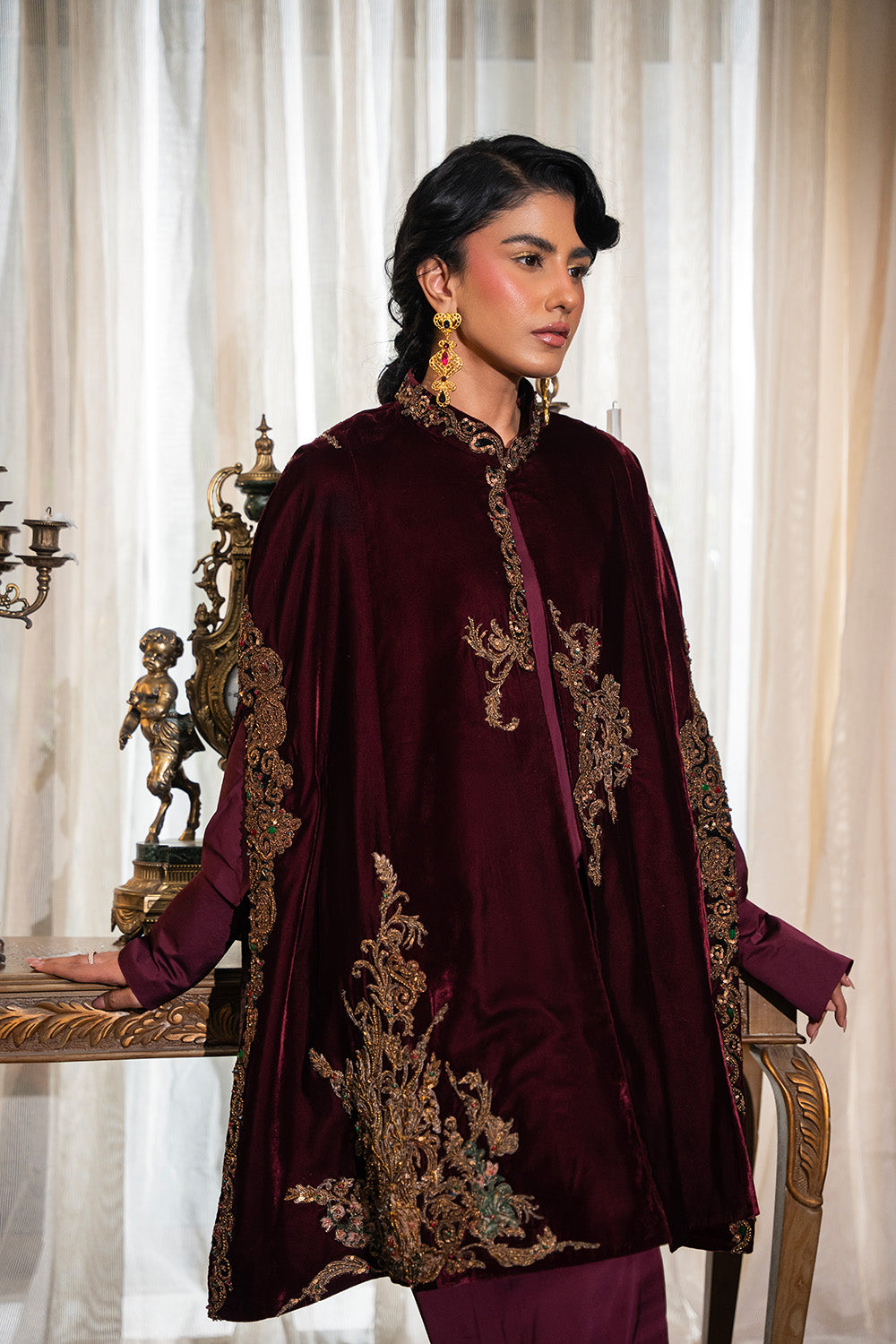 Pakistani Deep Burgundy Embroidered Velvet Cape Jacket (3-Piece) - Image 3