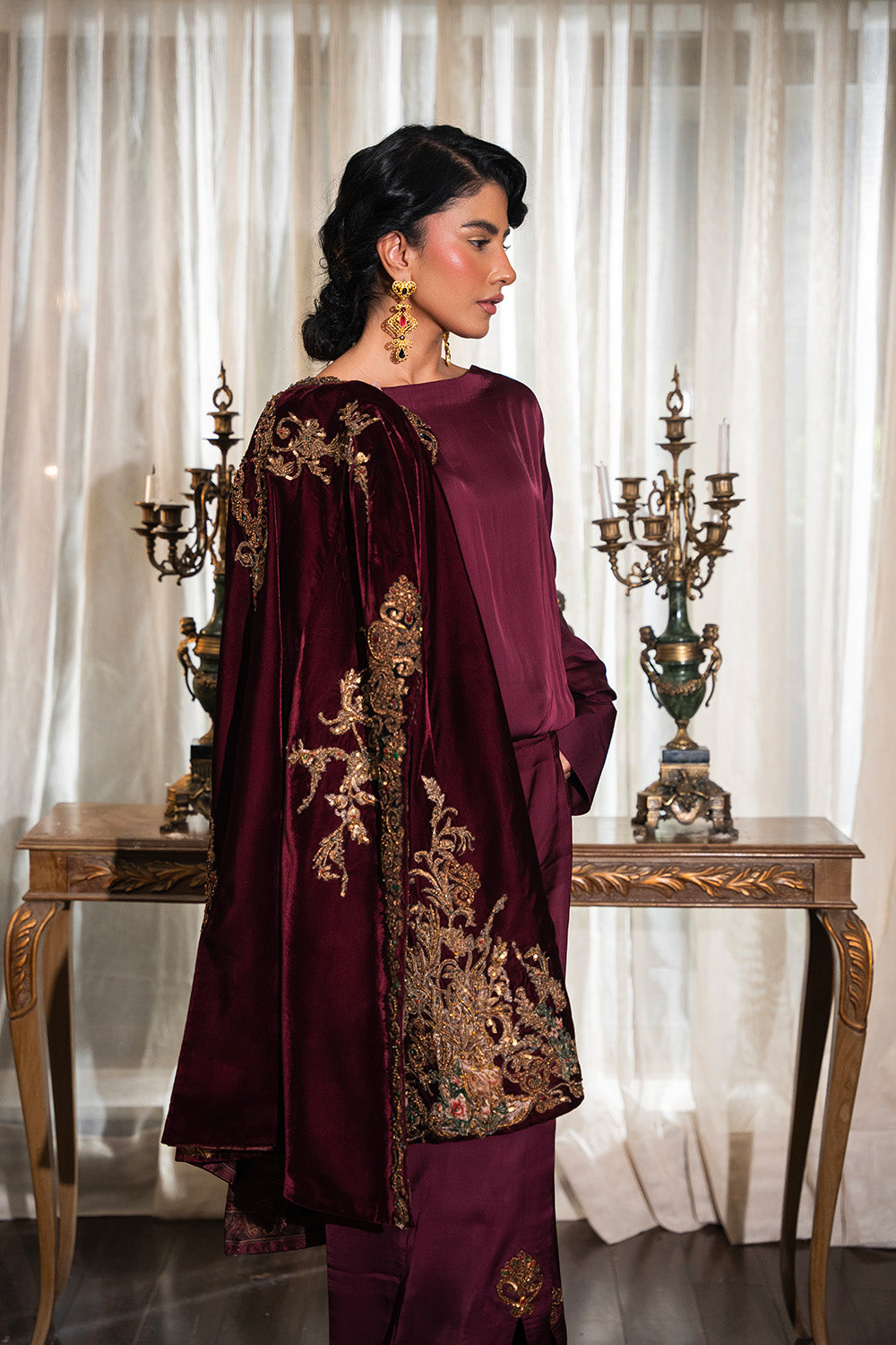 Pakistani Deep Burgundy Embroidered Velvet Cape Jacket (3-Piece) - Image 4