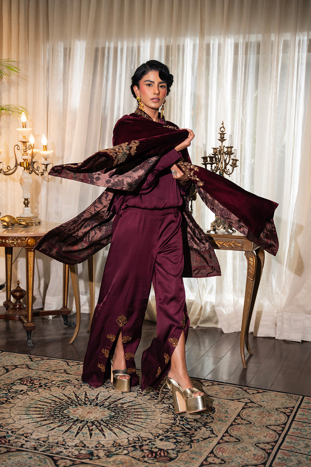 Pakistani Deep Burgundy Embroidered Velvet Cape Jacket (3-Piece) - Image 5