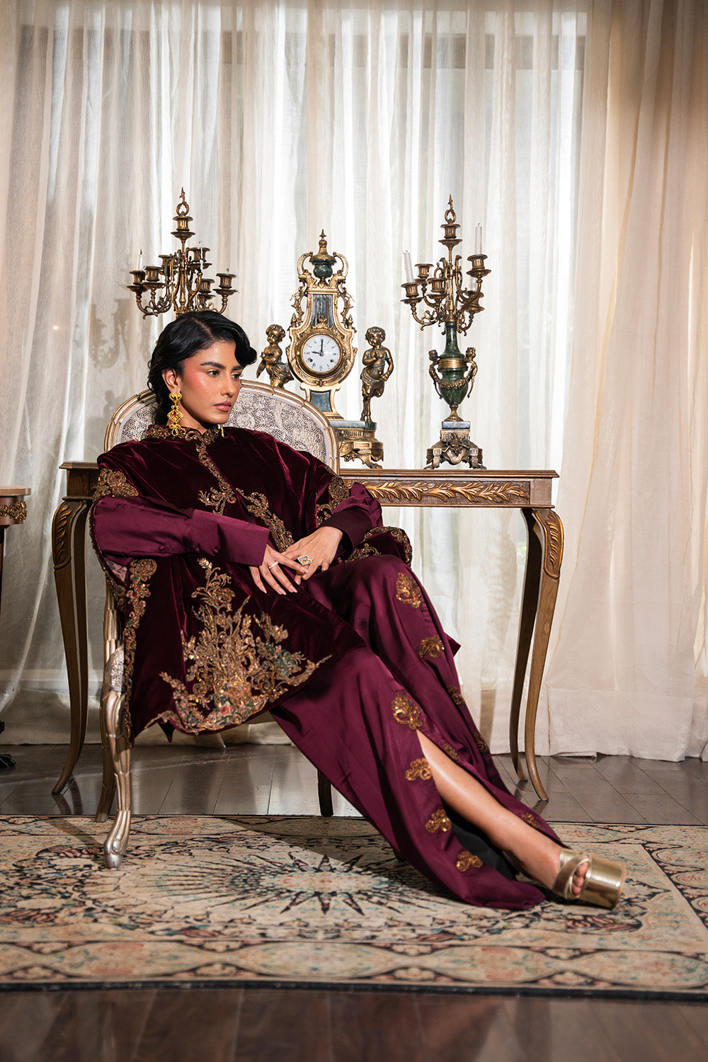 Pakistani Deep Burgundy Embroidered Velvet Cape Jacket (3-Piece) - Image 6