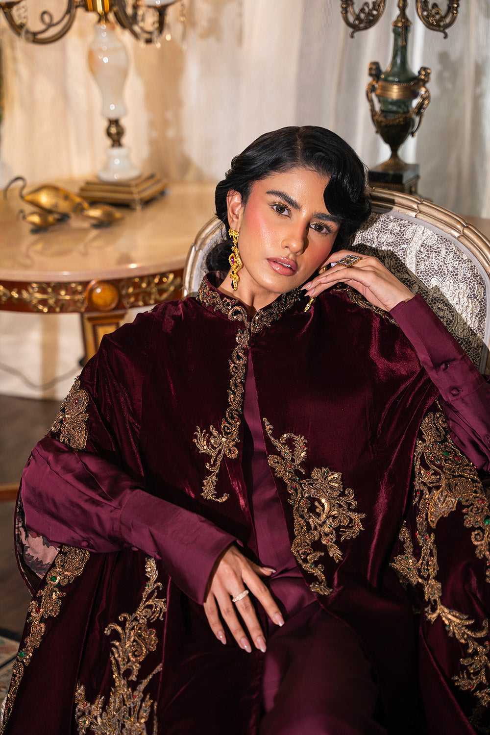 Pakistani Deep Burgundy Embroidered Velvet Cape Jacket (3-Piece) - Image 7