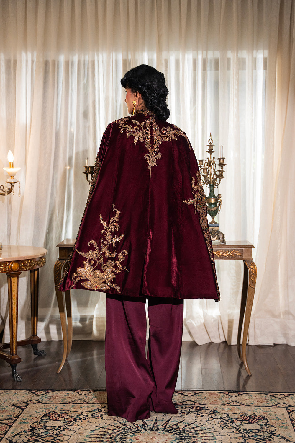Pakistani Deep Burgundy Embroidered Velvet Cape Jacket (3-Piece) - Image 8