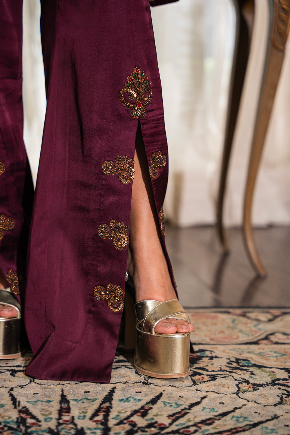 Pakistani Deep Burgundy Embroidered Velvet Cape Jacket (3-Piece) - Image 9