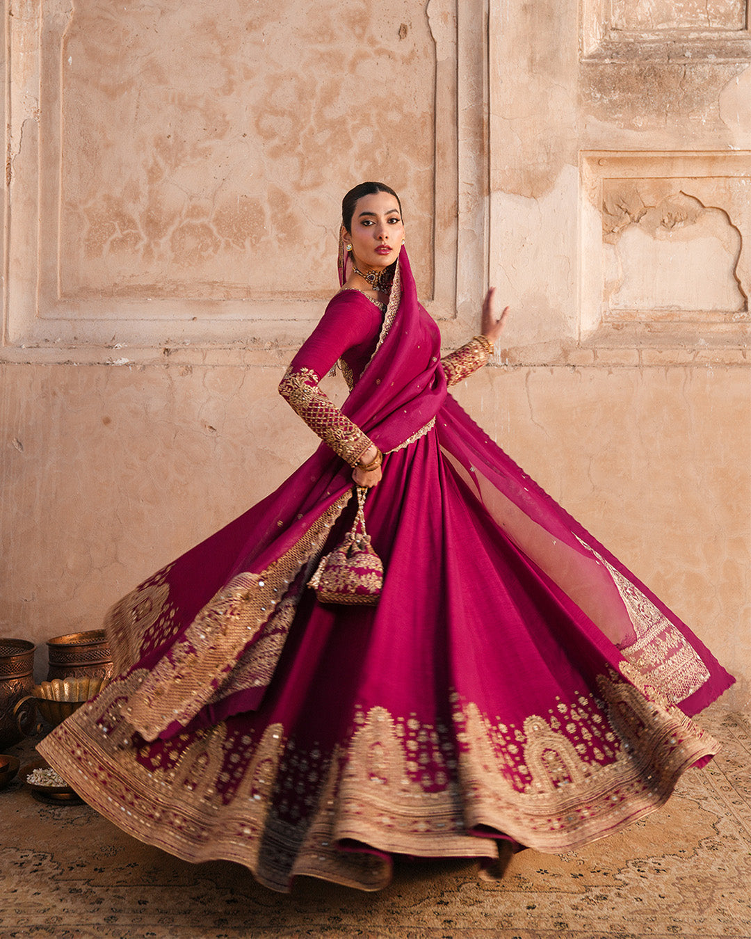 Pakistani Vivid Burgundy Embroidered Korean Raw Silk Pishwas (3-Piece) - Image 2