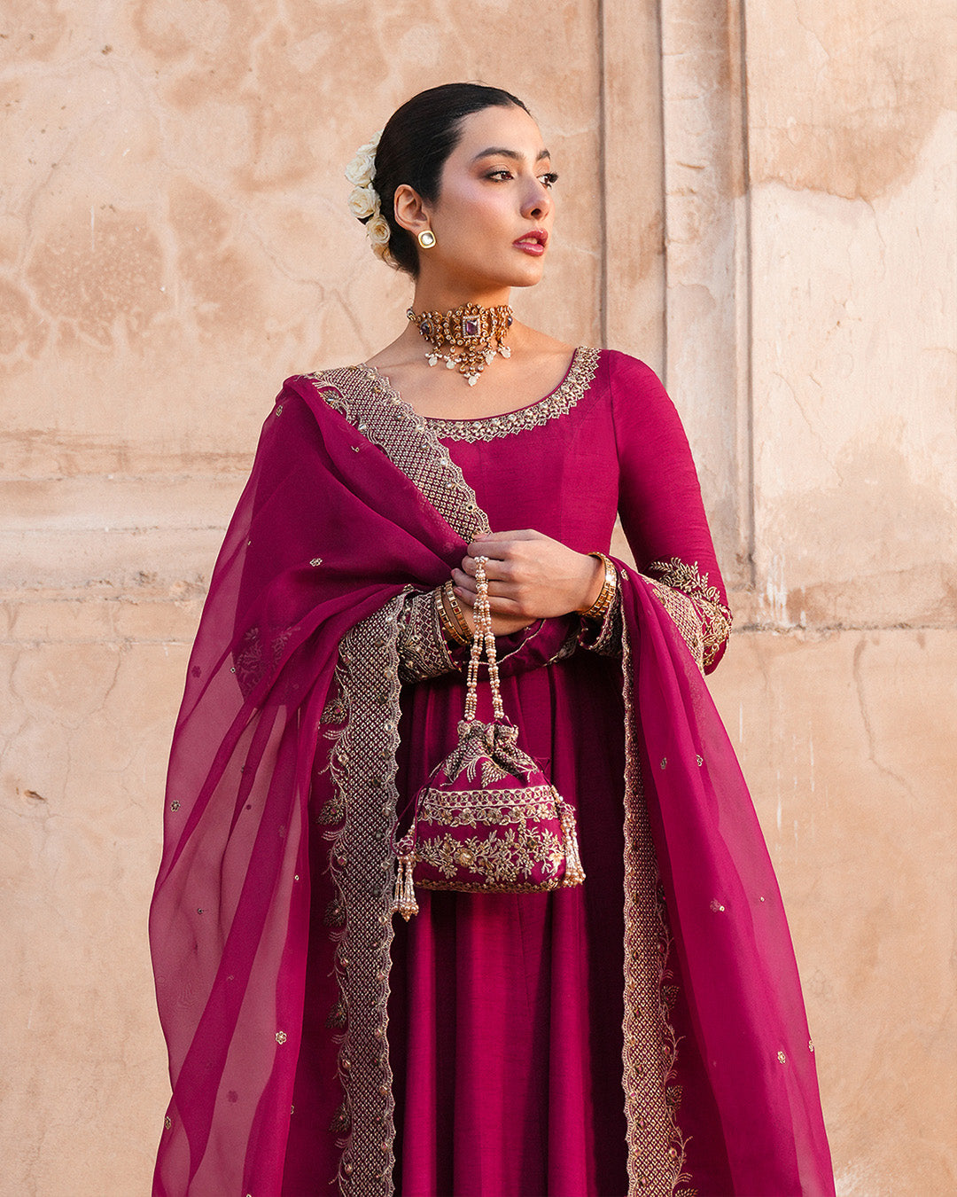 Pakistani Vivid Burgundy Embroidered Korean Raw Silk Pishwas (3-Piece) - Image 4