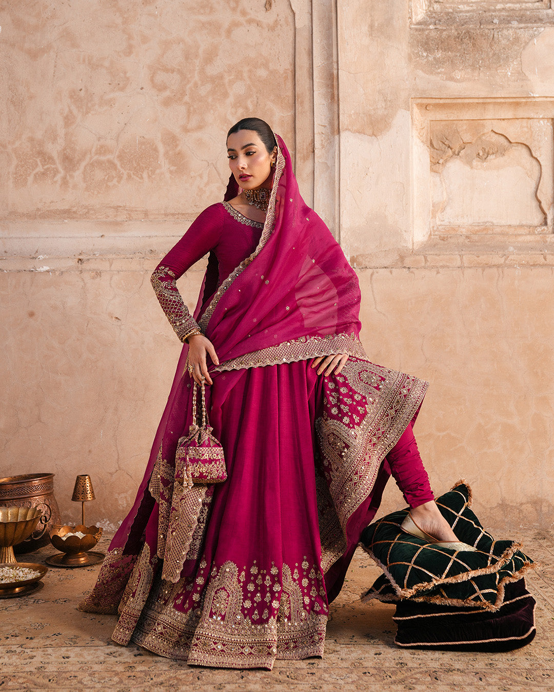 Pakistani Vivid Burgundy Embroidered Korean Raw Silk Pishwas (3-Piece) - Image 5