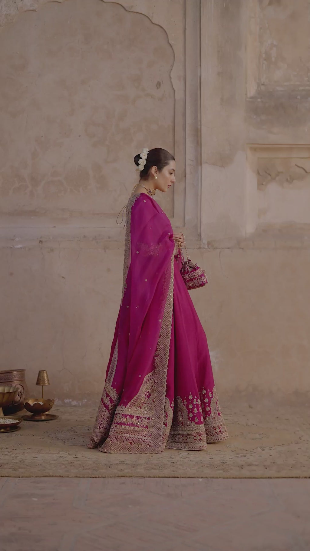 Pakistani Vivid Burgundy Embroidered Korean Raw Silk Pishwas (3-Piece) - Image 7