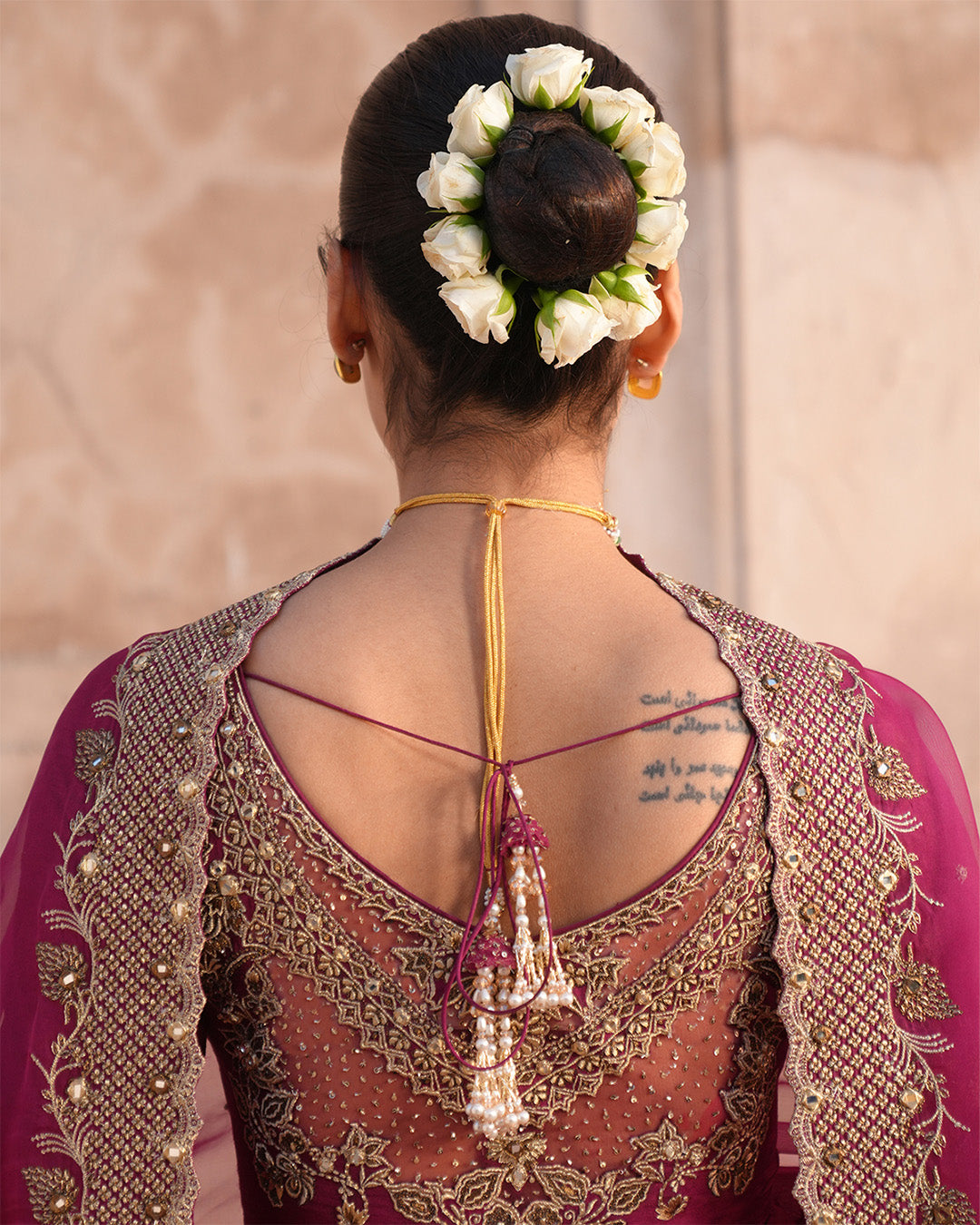 Pakistani Vivid Burgundy Embroidered Korean Raw Silk Pishwas (3-Piece) - Image 6