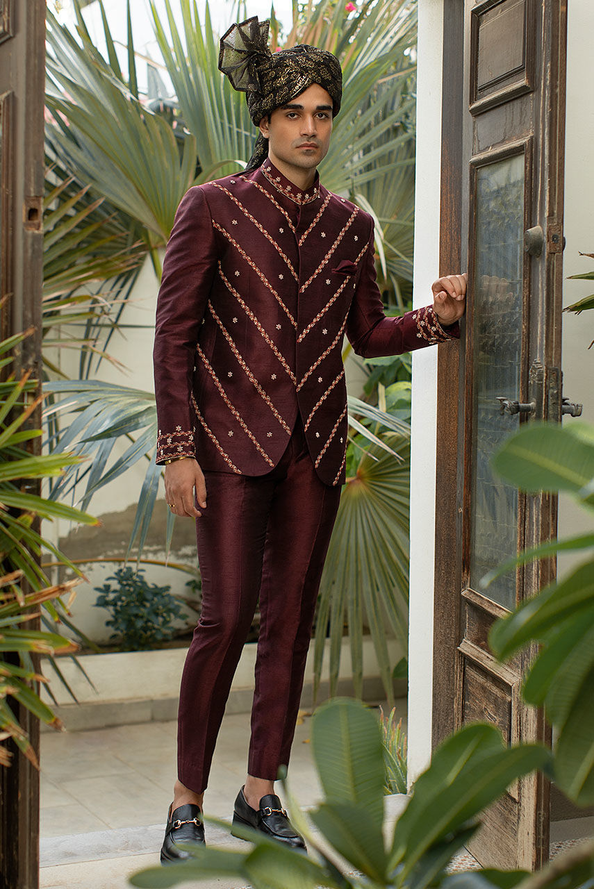 Deep Burgundy Hand Embroidered Raw Silk Prince Coat (2-Piece) - Image 1