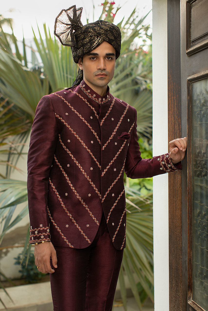 Deep Burgundy Hand Embroidered Raw Silk Prince Coat (2-Piece) - Image 2