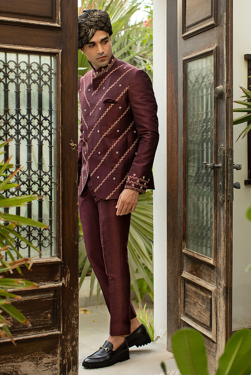 Deep Burgundy Hand Embroidered Raw Silk Prince Coat (2-Piece) - Image 3