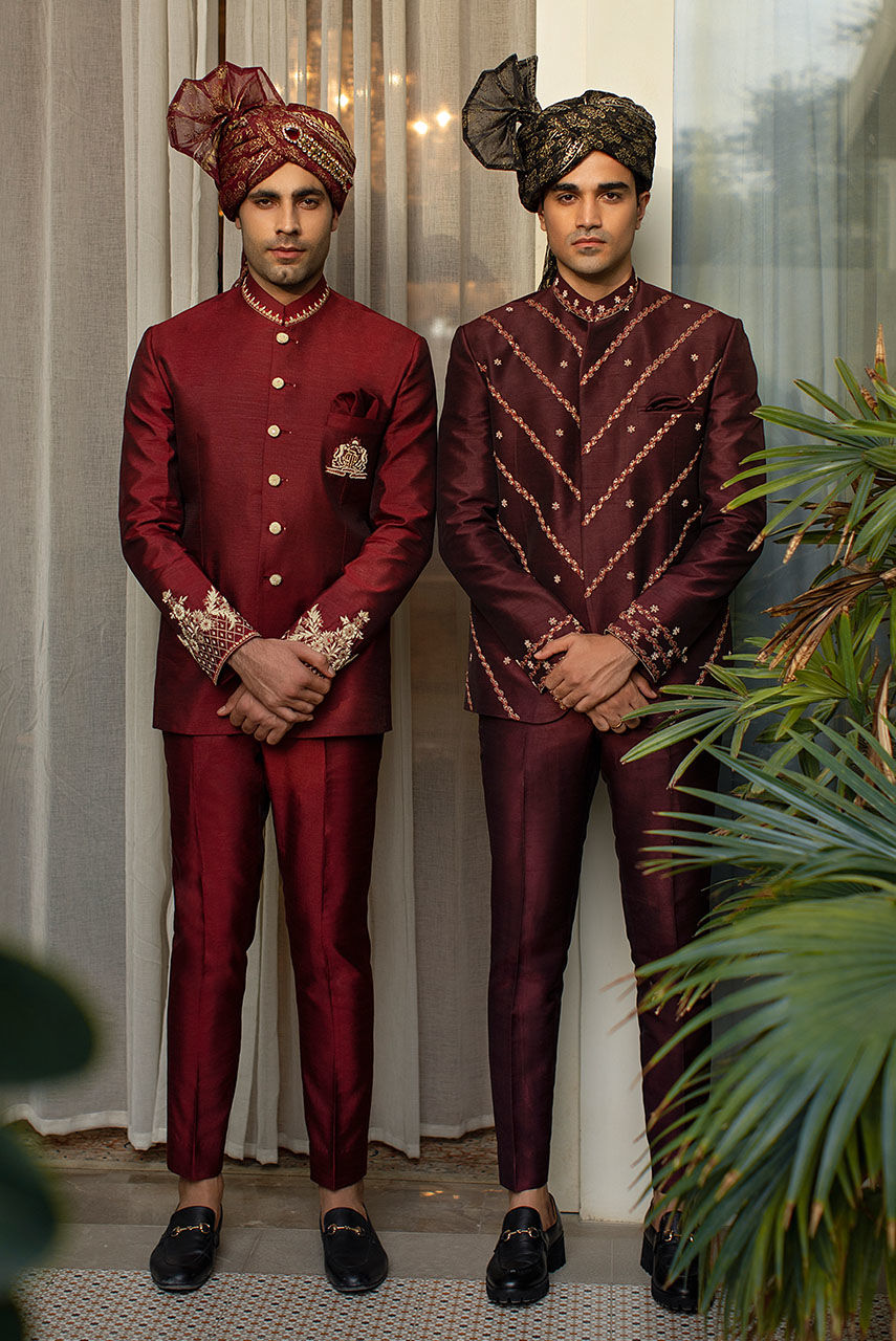 Deep Burgundy Hand Embroidered Raw Silk Prince Coat (2-Piece) - Image 4