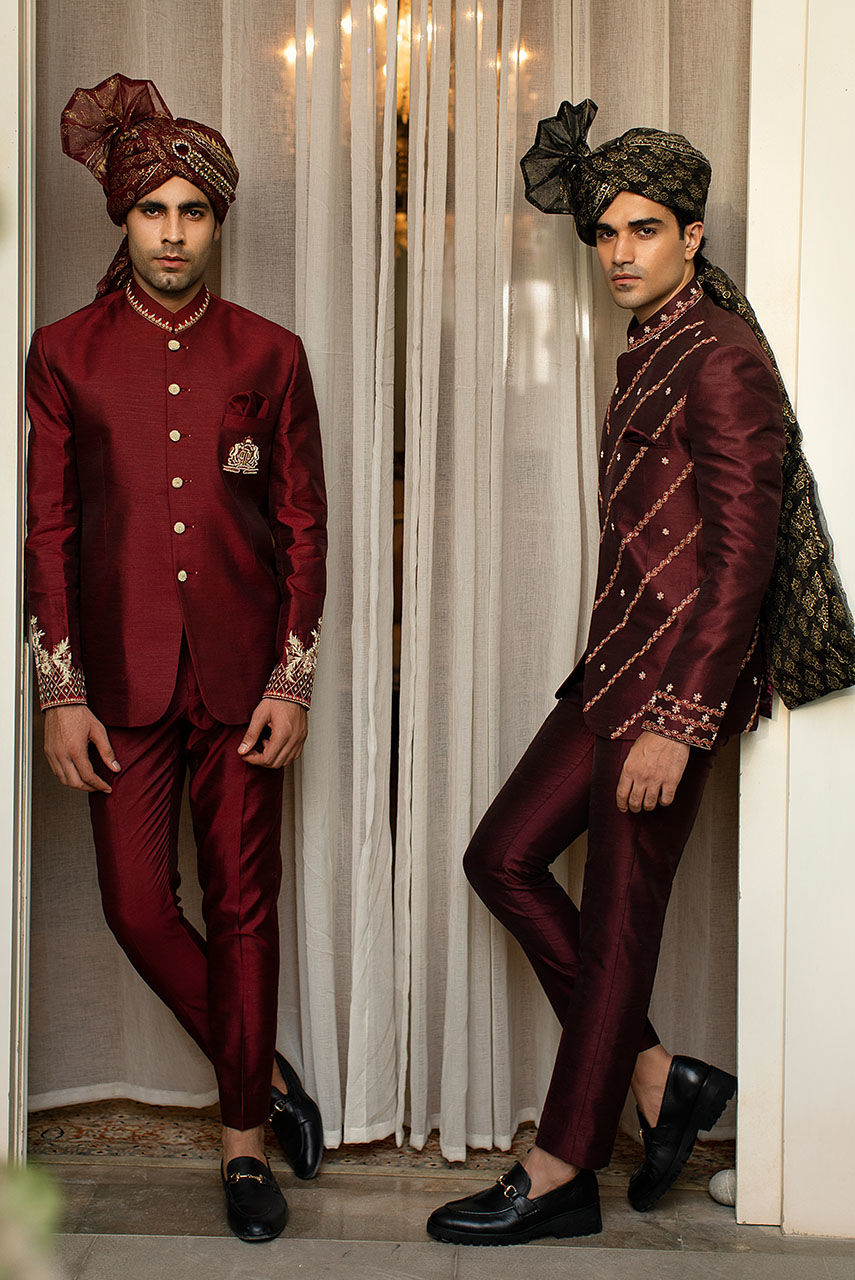 Deep Burgundy Hand Embroidered Raw Silk Prince Coat (2-Piece) - Image 5