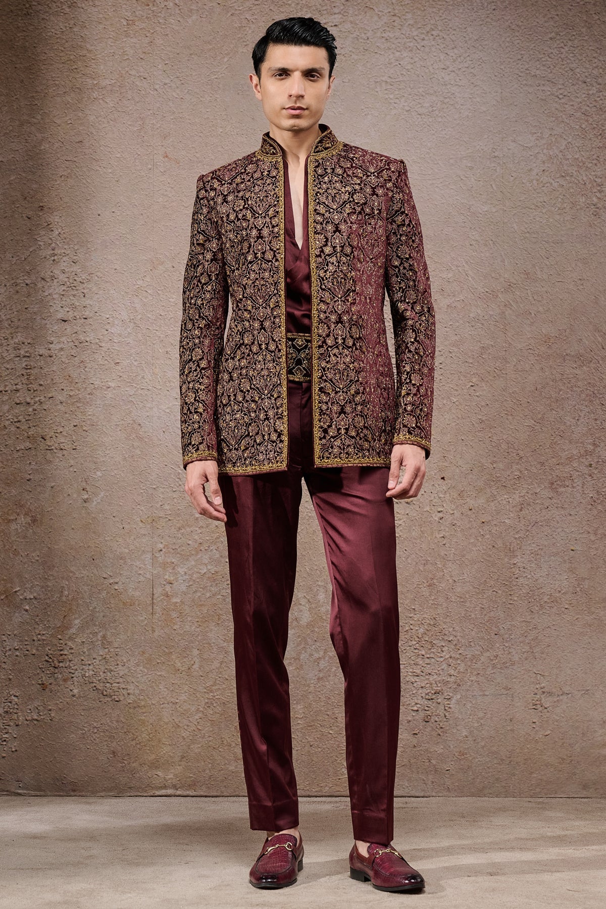 Wine Zardozi Silk Velvet Prince Coat (3-Piece) - Image 1