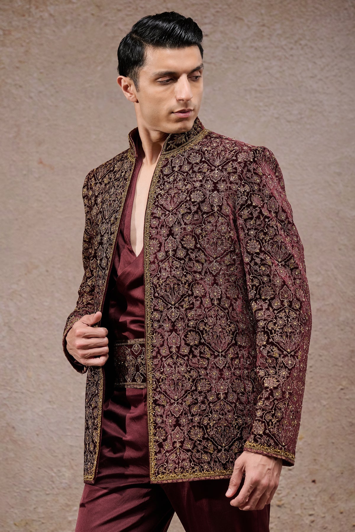 Wine Zardozi Silk Velvet Prince Coat (3-Piece) - Image 2