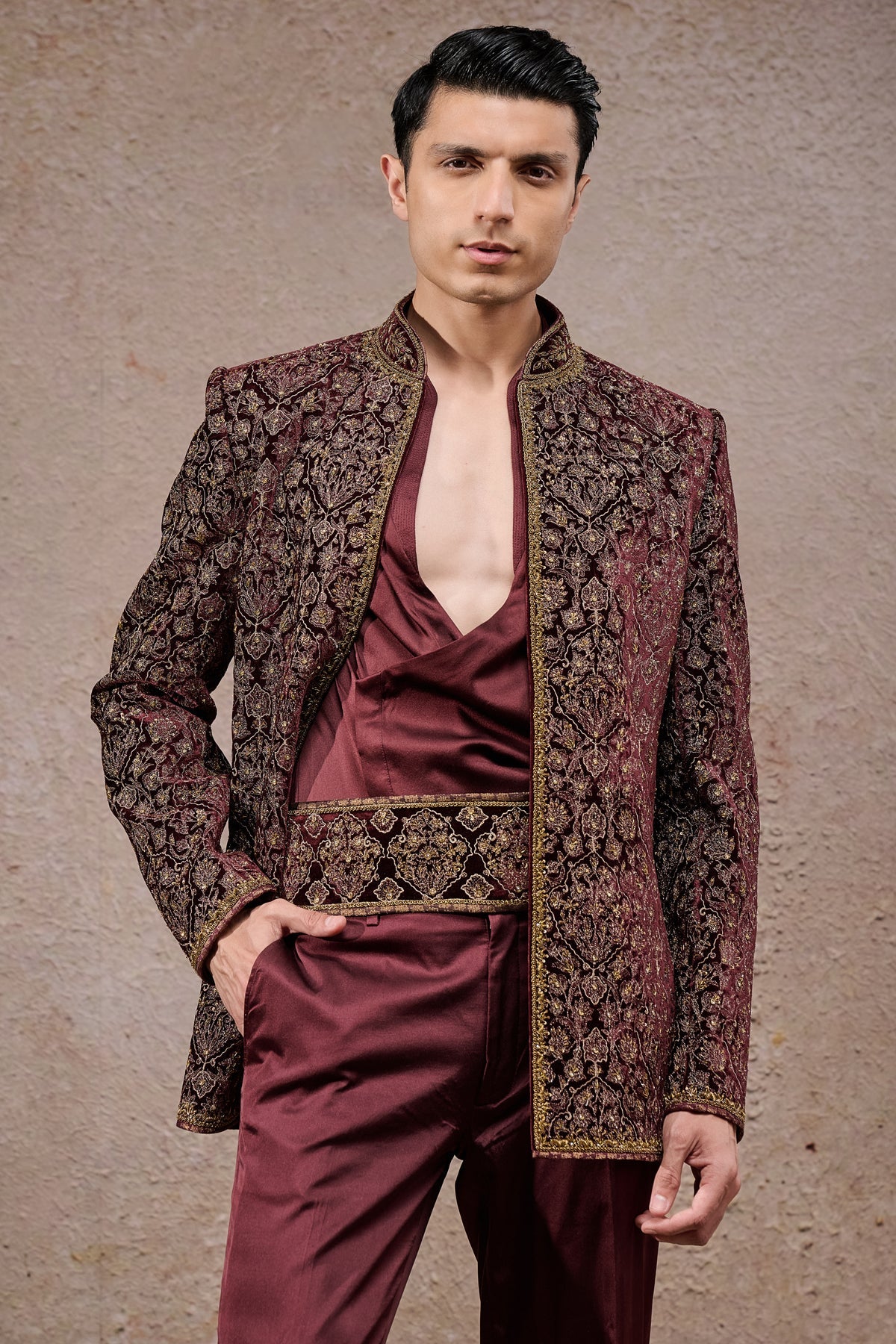 Wine Zardozi Silk Velvet Prince Coat (3-Piece) - Image 3